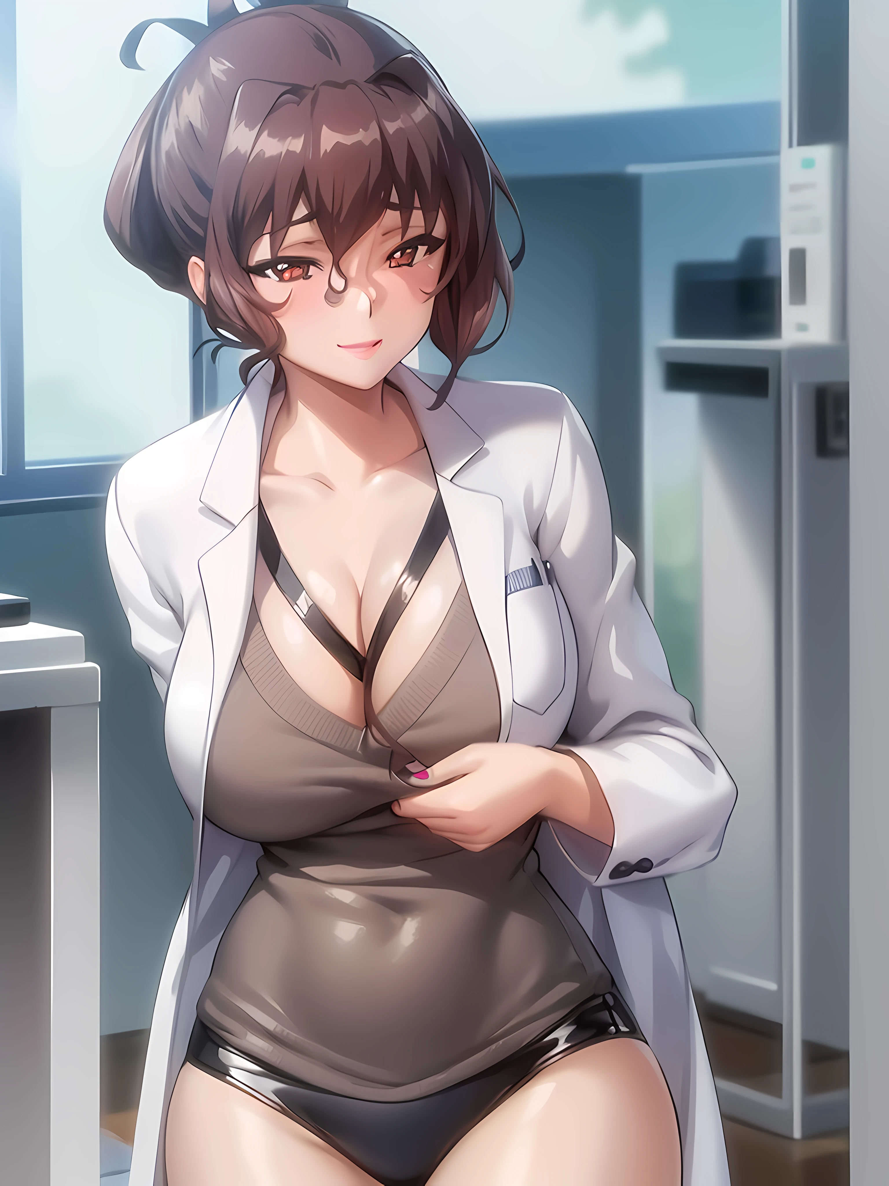 (beautiful hand:1.2), (masterpiece, best quality:1.3), Aiko Katsuragi, mature female, beautiful face, pretty face, (half body shot:1.05), 1girl, makeup, big breasts, lipstick, brown glowing eyes, folded ponytail, brown hair, cleavage, perfect body, (sexy body:1.3), (doctor, labcoat:1.2),  perfect eyes, perfect retina, blushed, eyeliner, eyeshadow, perfect face, smile (caring look:1.1), look at viewer, high sharpness, sharp focus, medical room, professional artwork, intricate details, vivid colors, Diffused lighting, digital blending, ultra detailed body, ultra detailed hair, ultra detailed face, trending on pixiv, for desktop wallpaper, flawless drawn