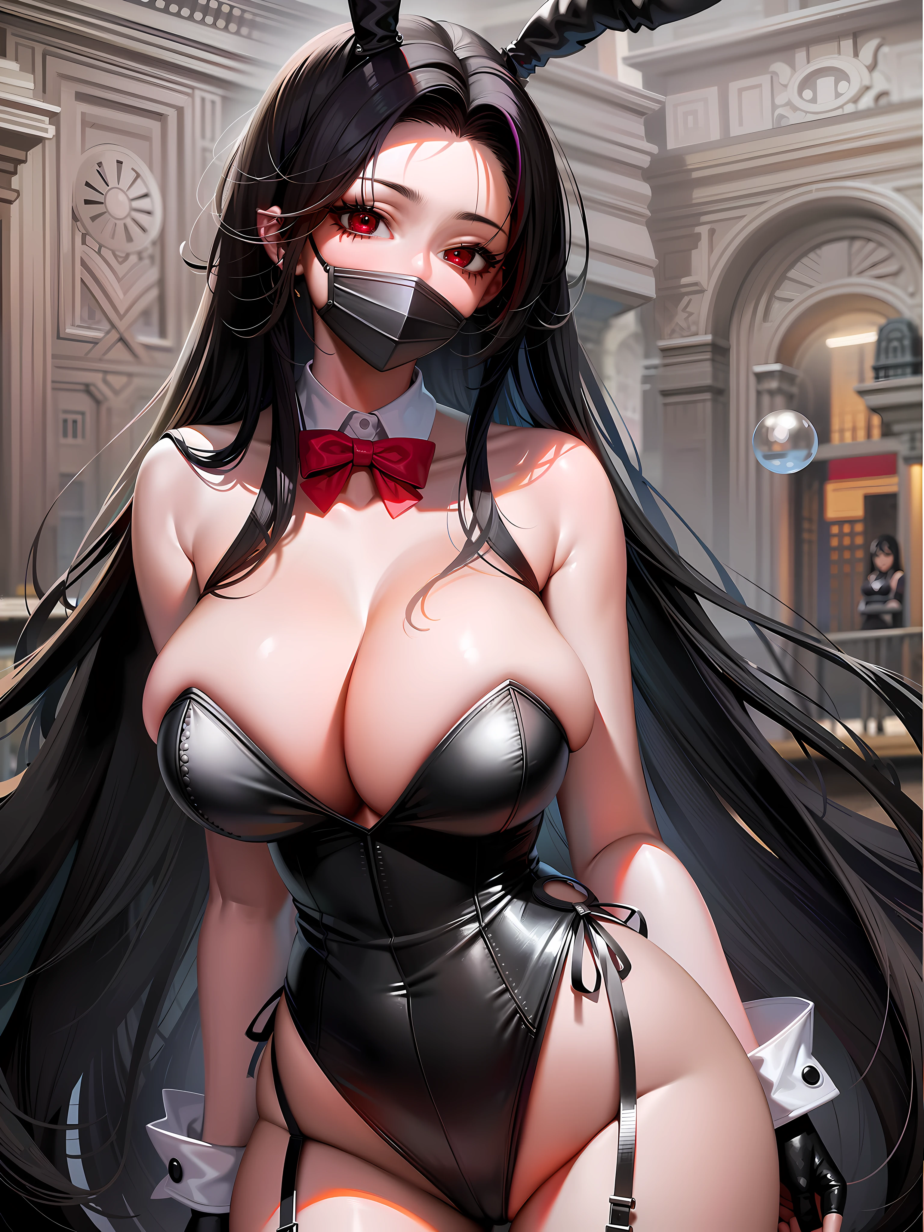 Chica de anime con cabello negro y una pajarita en un traje de cuero negro, seductora chica de anime, Retrato de Tifa Lockhart, Detalles finos. girls frontline, seductor retrato de Tifa Lockhart, De Girls Frontline, Hermosa y seductora mujer de anime, Artgerm. Anime illustration, Tifa Lockhart, Tifa, Ahegao, pechos enormes, Artgerm extremadamente detallado