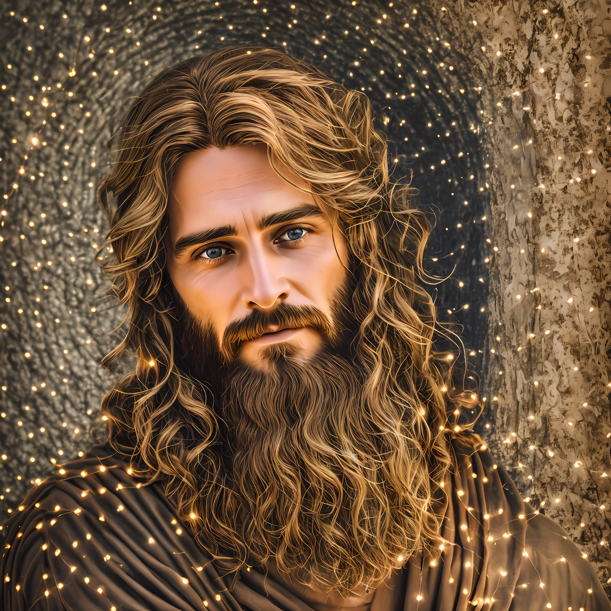 photo of Jesus, in biblical times Jesus, Photorealistic light environment, full face, looking at the Camera, calm eyes, serene and loving face, sweet look, is with lights in the background, The whole environment is clear, Photo by Busto --auto --s2