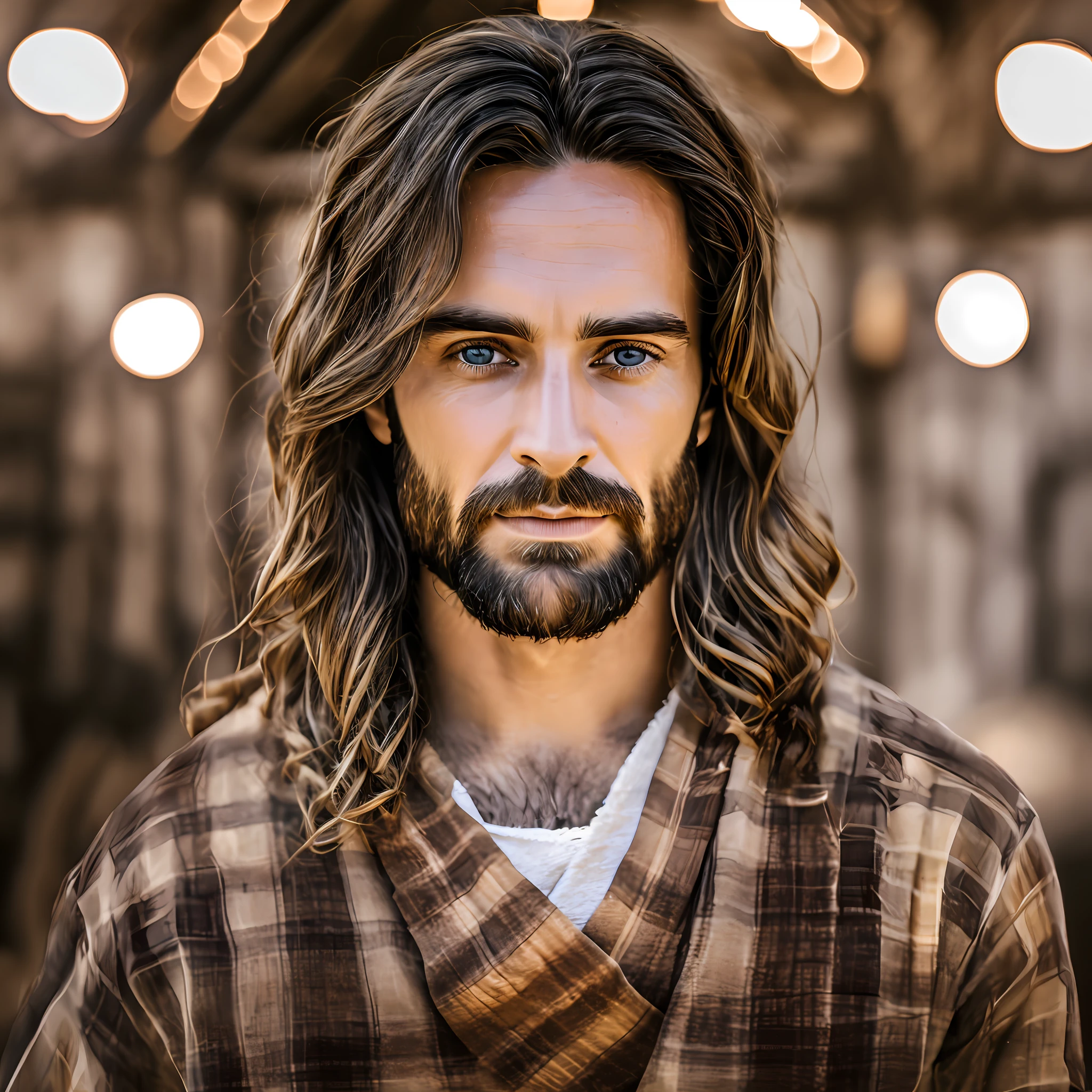 photo of Jesus, in biblical times Jesus, Photorealistic light environment, full face, looking at the Camera, calm eyes, serene and loving face, sweet look, is with lights in the background, The whole environment is clear, Photo by Busto --auto --s2