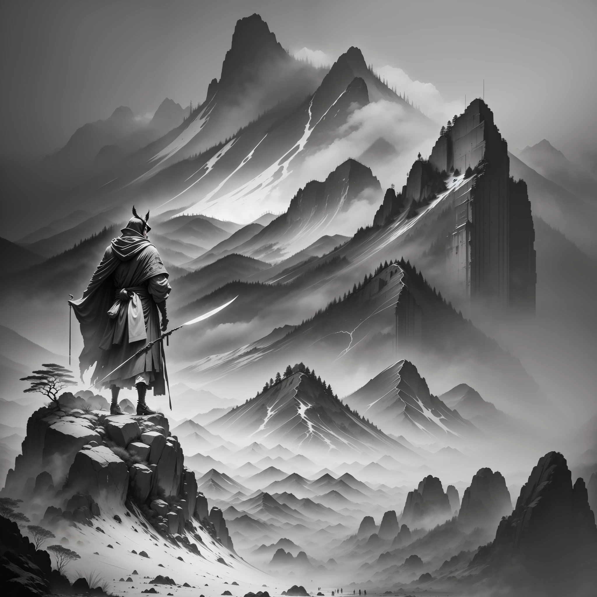 Distant perspective，High hills，standing near a cliff，With a cloak,Look into the distance,flying birds，Warrior with a knife，flying snow，China ink painting，black andwhite，misterious，Solitude，dreariness，Big wind，snow cover，China-style