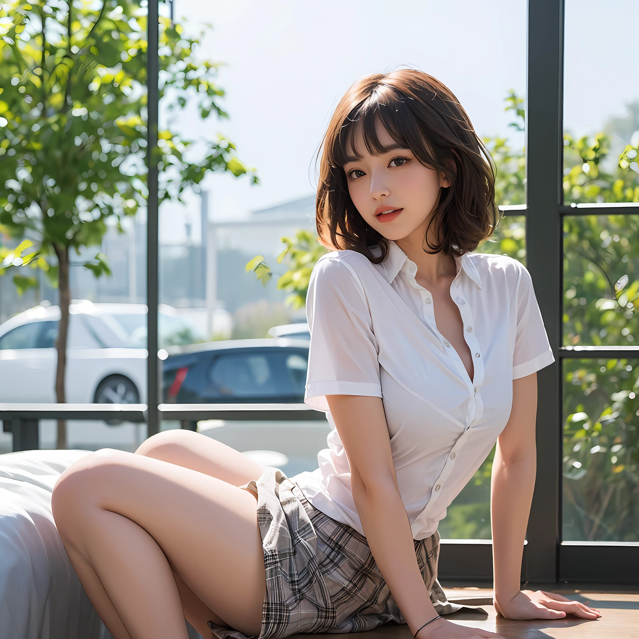nsfw, 8K raw photo, Best quality, masterpiece, ultra high res, film grain, filmg, 1girl, looking at viewer, natural skin texture, realistic eye and face details, full lips, lipstick, (makeup), red eyeshadow, fluffy short hair, messy hair, smile, close mouth, beautiful legs, tall female, skinny, slim_legs, solo, enormous breast, cleavage, Pose with buttocks facing you, ultra short skirt, ass, shirt, beautiful nature location, around flower location, (detailed background), plaid skirt, white shirt, enormous breast, cleavage, Show a little cleavage through the shirt, loafers, blurry background, blurry, holding, plaid, short sleeves, jk ribbon on the neck, jk ribbon, brown hair, bracelet, water, bangs, school uniform, jewelry, parted lips, lips, from side, pleated skirt, depth of field --auto