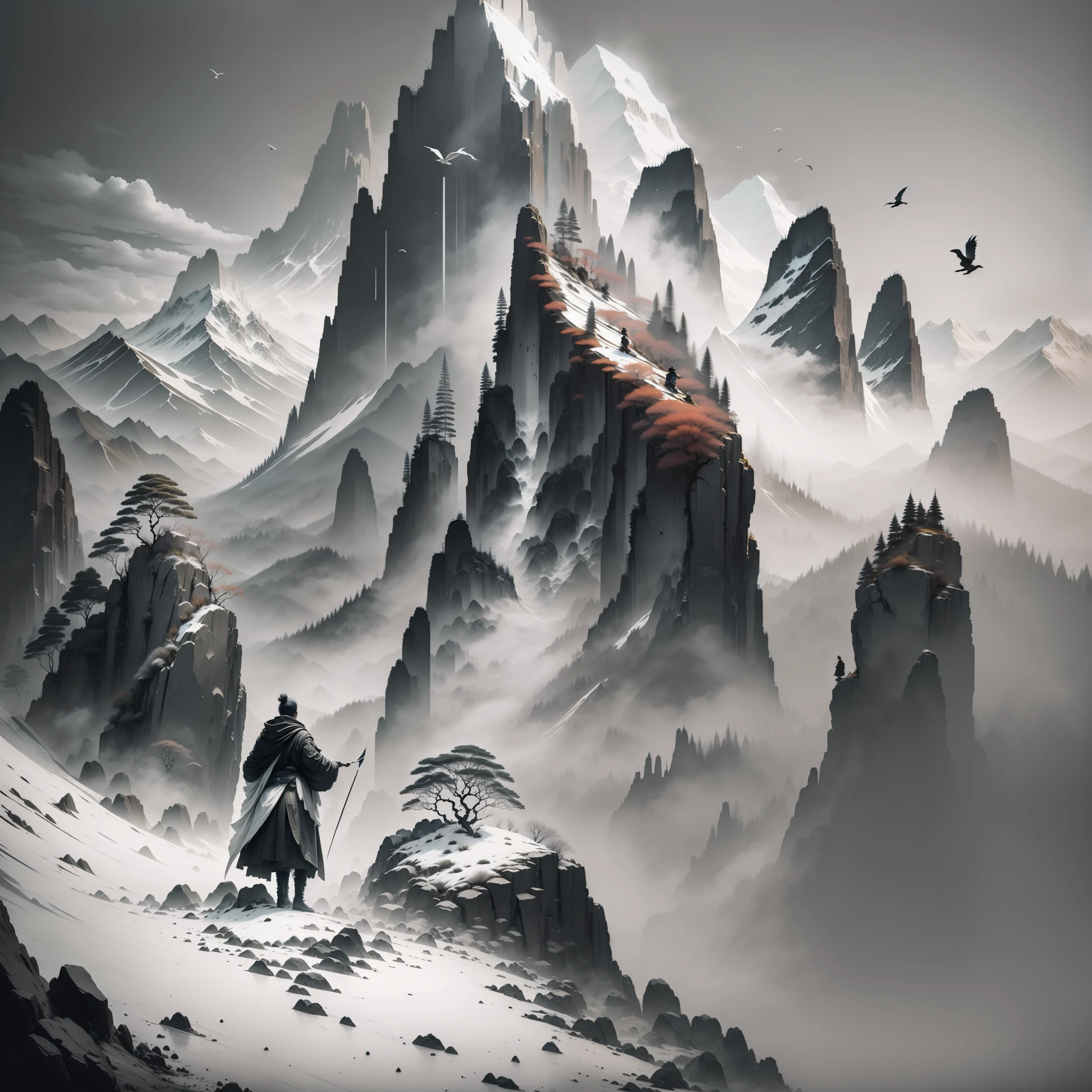 Distant perspective，High hills，standing near a cliff，With a cloak,Look into the distance,flying birds，Warrior with a knife，flying snow，China ink painting，black andwhite，misterious，Solitude，dreariness，Big wind，snow cover，China-style