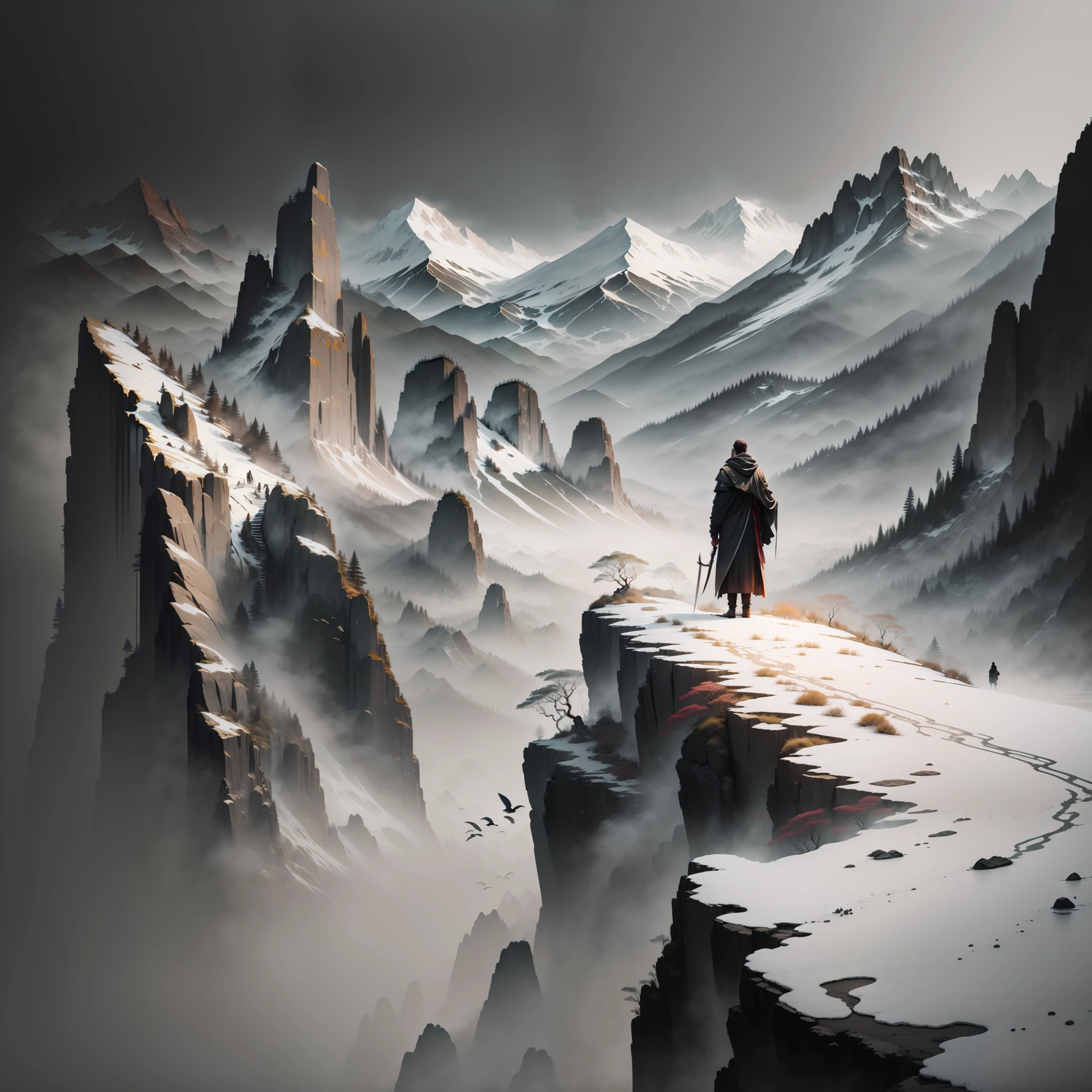 Distant perspective,High hills,standing near a cliff,With a cloak,Look into the distance,flying birds,Warrior with a knife,flying snow,China ink painting,black andwhite,misterious,Solitude,dreariness,Big wind,snow cover,China-style