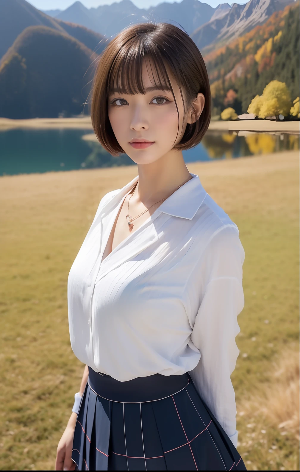 (top-quality、hight resolution、​masterpiece:1.3)、Entire field of view、a miniskirt、Short-cut hairstyles、Women in Japan、Autumn uniform with open chest、cute school girl、Pendants、plein air、Scenic beauty、Autumn lake and mountains on distant background、Beautiful face and skin texture details、eye detailed、Beautiful woman with a slim figure、 Pendants