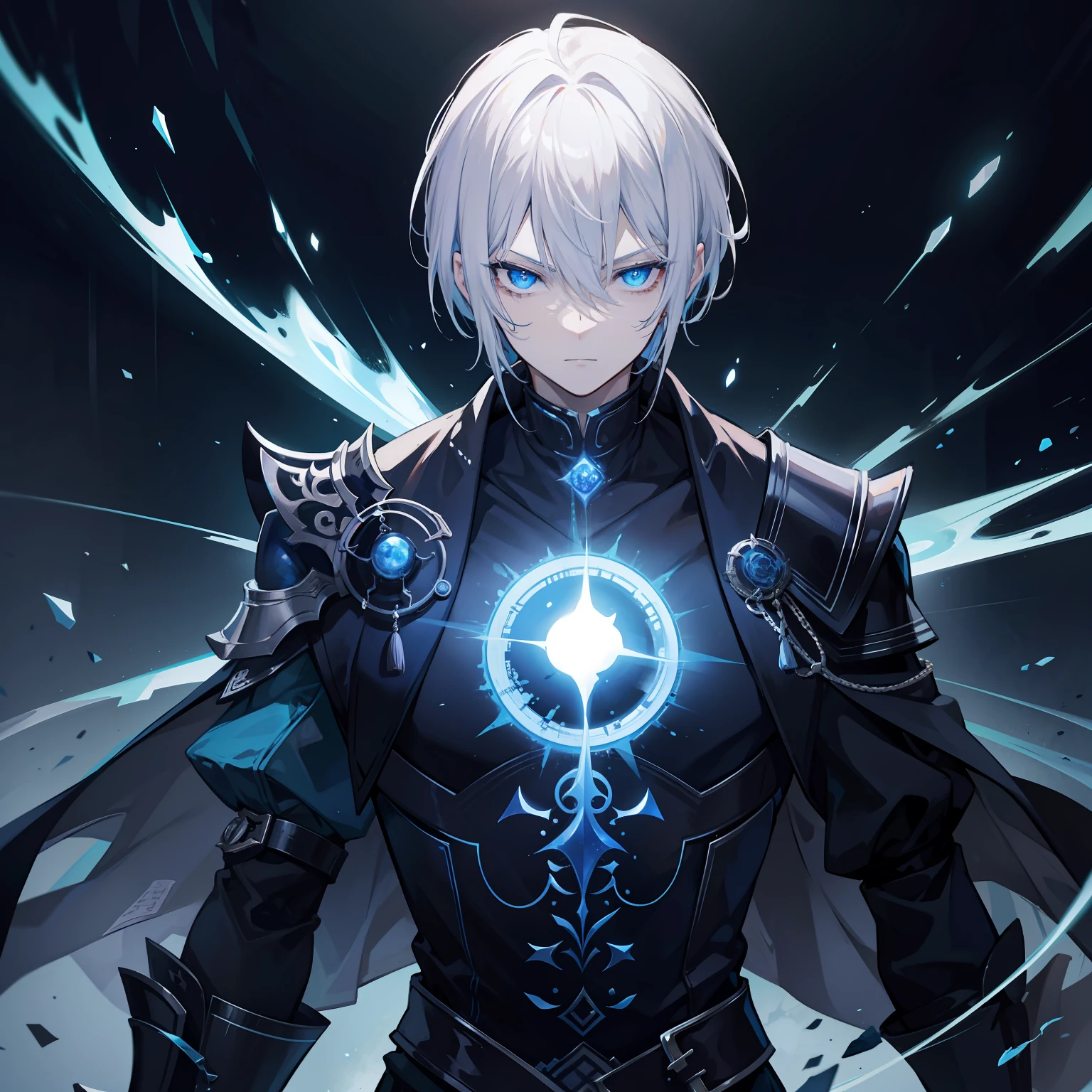 {[{{"Magnificent dark atmosphere, 4k artwork of man with gray hair and glowing blue eyes, short-haired,China Feng Shui Expert,."}]}}
