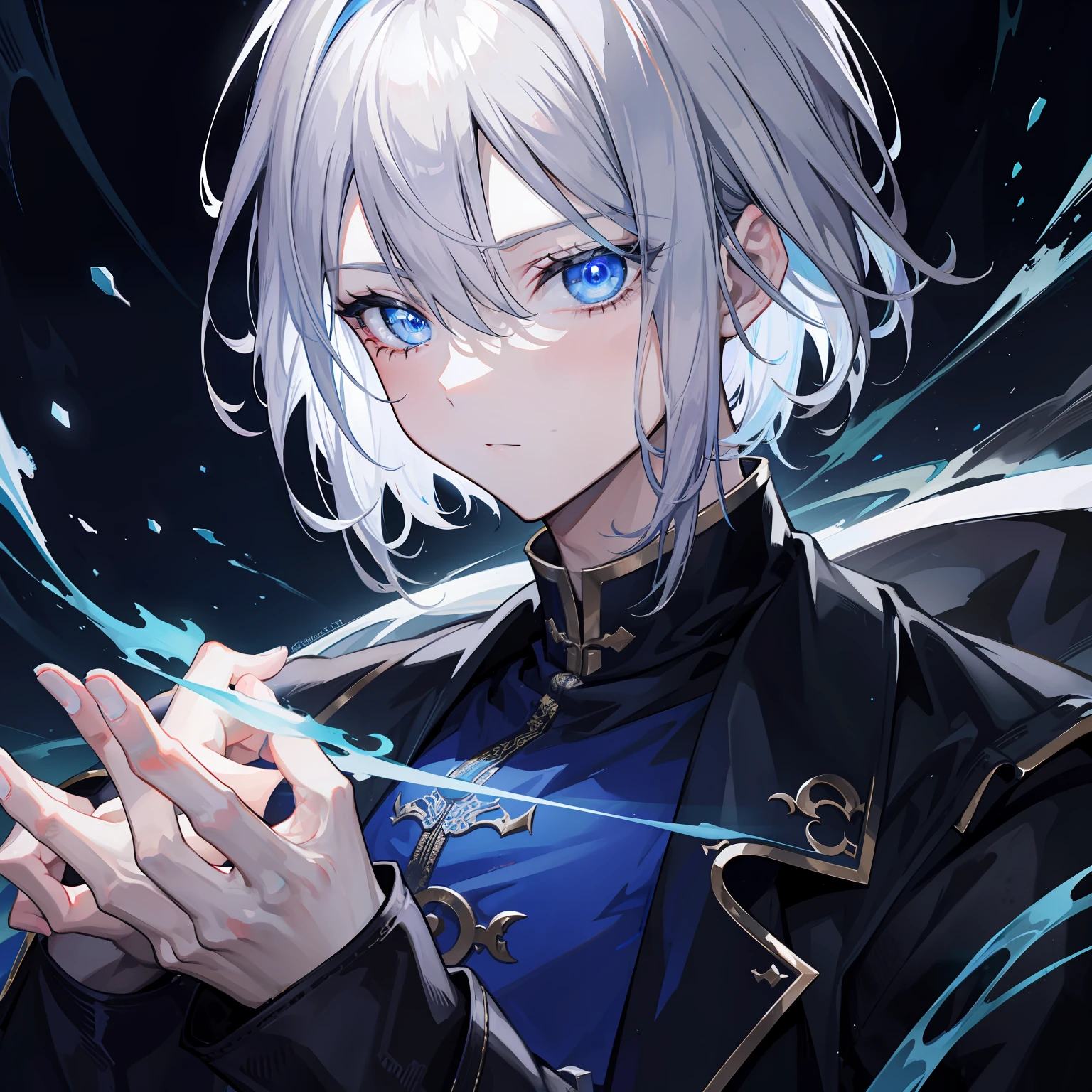 {[{{"Magnificent dark atmosphere, 4k artwork of man with gray hair and glowing blue eyes, short-haired,China Feng Shui Expert,."}]}}