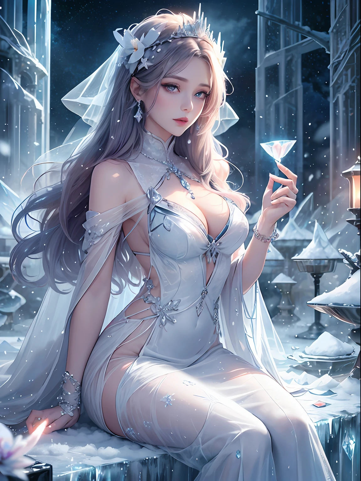 illustration， woman， Blue lipstick on lips， cinemic light， HighestQuali， Super delicate realistic， 详细的脸， Detailed eyes， Best quality at best， ultra - detailed， artwork of a， tmasterpiece， top-quality， optimum， offcial art， Beauty and aesthetics， Long exposure： 1 woman with long and thin legs，Broad slender shoulders，mediuml breasts， Charming Patterns， Icy witch， white colors， The eyes are covered by a veil made of ice，  Her body was covered in ice，Wearing a beautiful blue dress，Blue gorgeous dress long dress，Blue gorgeous dress long dress，sorceress woman，Winters，Ice Throne，sorcerous，Blue magic hue，Intense neon blue glow，a queen，Majesty，A snowstorm in the background covers the environment。front portrait，full bodyesbian，beautiful detailed glow,detailed ice,beautiful detailed  water, (floating palaces:1.3),(((ice crystal texture wings))), ((Detailed beautiful snow forest with trees)), ((snowflower)), Floating，Beautiful detailed sky, Night, stars, (red plum blossom),((winter)),(((snowflower))), ((red and white flowers))，(Starry sky),(Sitting),((Colorful)),scenery, lantern,(Starfall)