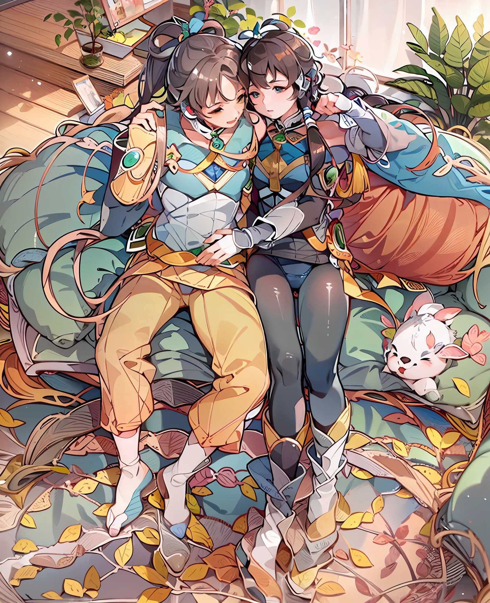 Double，a young man and a woman，hugs，Sibling，Living room sofa