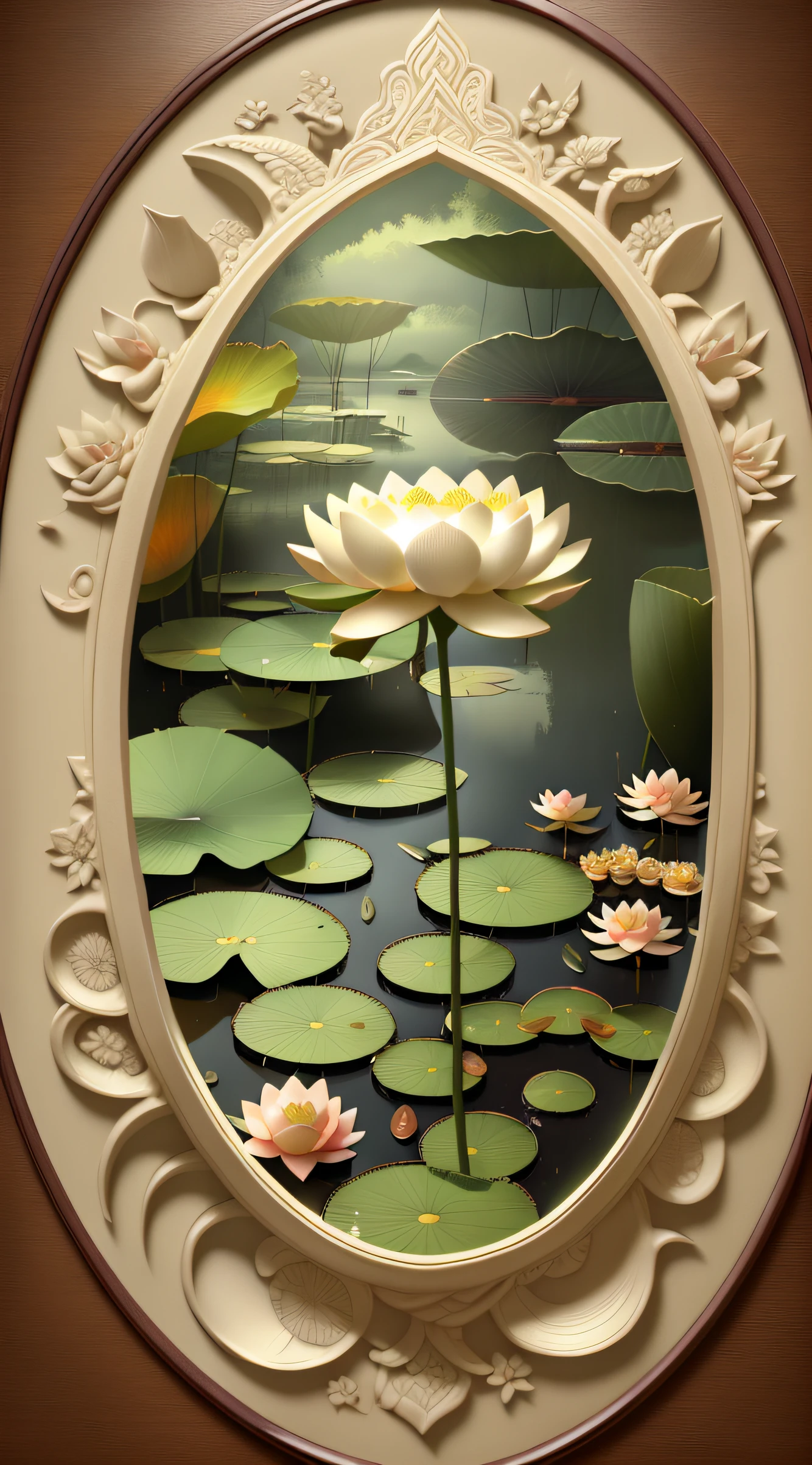 Lake water, (lotus flowers), lotus leaves,relief, meticulously carved, ivory carving, pastel,, oriental landscape painting, multidimensional paper fog crafts, paper illustration, super wide angle view, dreamy, 8K, romantic, high resolution, 8k