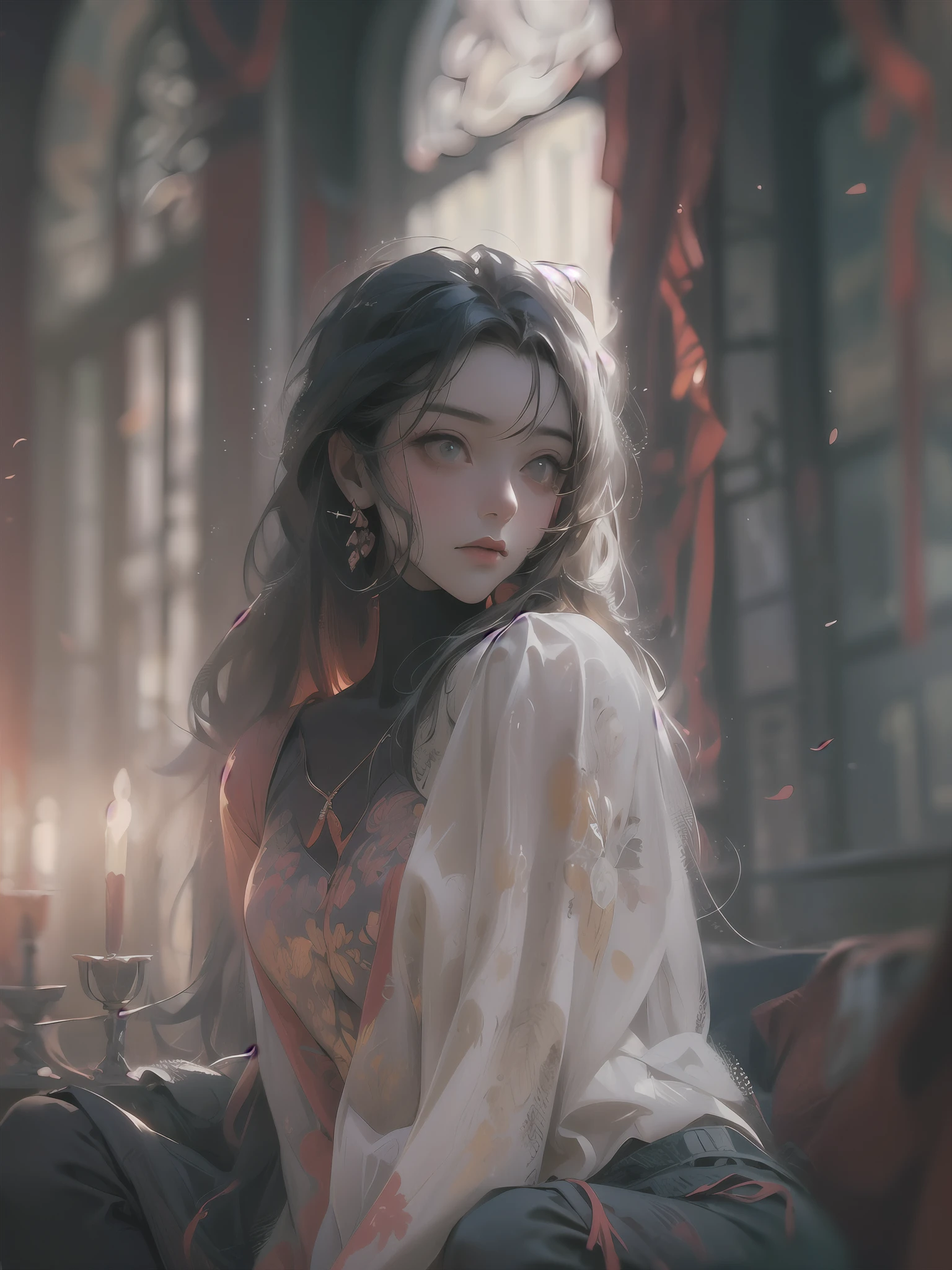 Masterpiece,Best quality, A still from a dark fantasy movie from the 90s,(pastel colour, dim colors, soothing tones:1.5),blend, Medium shot, Bokeh, (hdr:1.4), Masterpiece,conceito, 4K, HD, Cute girl in lingerie, black colored leggings, White shirt, Open shirt,Open by self-comparison, (Cinematic, Red and black :0.85), The faces of the audience, dramatic pose, skinny pants,