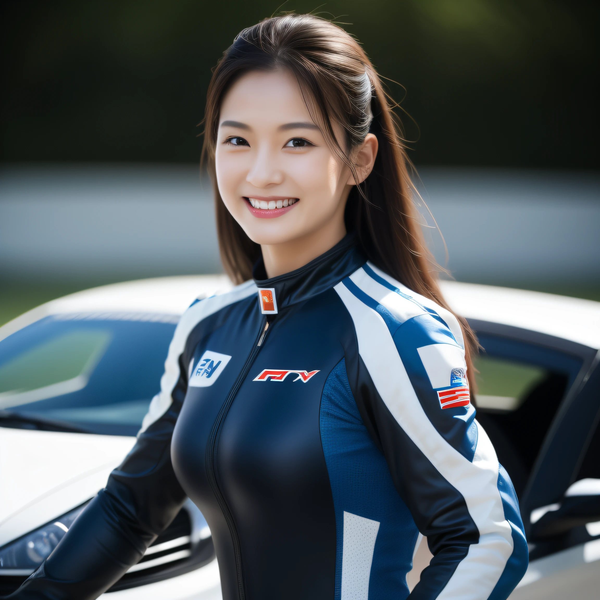 8K, masterpiece, best quality, photo realistic, ultra-detailed, 1 girl, Asian, athletic body, realistic skin texture, long hair, (breasts:1.0), (smile:1.0), gaze at viewer, (form fitting car racing suit), (no helmet), movie lighting, face focus, fine eyes, detailed face, well lit face, day light, red and blue racing cars in background