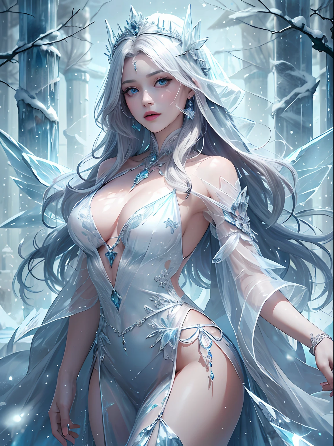 illustration, woman, Blue lipstick on lips, cinemic light, HighestQuali, Super delicate realistic, 详细的脸, Detailed eyes, Best quality at best, ultra - detailed, artwork of a, tmasterpiece, top-quality, optimum, offcial art, Beauty and aesthetics, Long exposure: 1 woman with long and thin legs,Broad slender shoulders,mediuml breasts, Charming Patterns, Icy witch, white colors, The eyes are covered by a veil made of ice, Her body was covered in ice,Wearing a beautiful black dress,Gorgeous dress long dress,Gorgeous dress long dress,sorceress woman,Winters,Ice Throne,sorcerous,Blue magic hue,Intense neon blue glow,a queen,Majesty,A snowstorm in the background covers the environment。front portrait,full bodyesbian,beautiful detailed glow,detailed ice,beautiful detailed water, (floating palaces:1.3),(((ice crystal texture wings))), ((Detailed beautiful snow forest with trees)), ((snowflower)), Floating