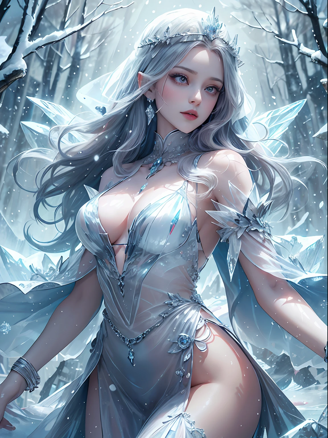 illustration, woman, Blue lipstick on lips, cinemic light, HighestQuali, Super delicate realistic, 详细的脸, Detailed eyes, Best quality at best, ultra - detailed, artwork of a, tmasterpiece, top-quality, optimum, offcial art, Beauty and aesthetics, Long exposure: 1 woman with long and thin legs,Broad slender shoulders,mediuml breasts, Charming Patterns, Icy witch, white colors, The eyes are covered by a veil made of ice, Her body was covered in ice,Wearing a beautiful black dress,Gorgeous dress long dress,Gorgeous dress long dress,sorceress woman,Winters,Ice Throne,sorcerous,Blue magic hue,Intense neon blue glow,a queen,Majesty,A snowstorm in the background covers the environment。front portrait,full bodyesbian,beautiful detailed glow,detailed ice,beautiful detailed water, (floating palaces:1.3),(((ice crystal texture wings))), ((Detailed beautiful snow forest with trees)), ((snowflower)), Floating