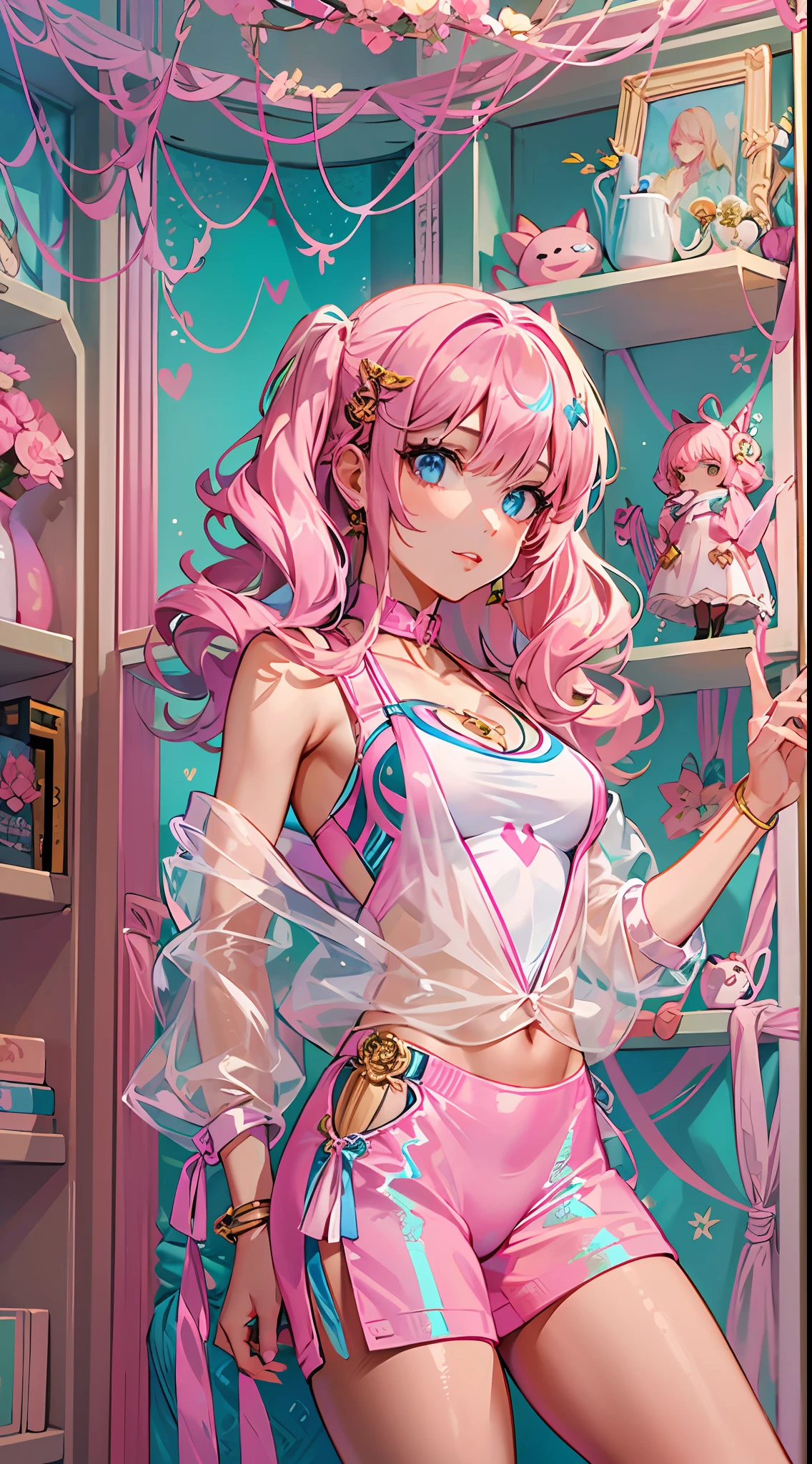 ((Masterpiece)), best quality, absurderes, ultra detailed, holographic, cowboy shot, dynamic pose, golden ratio, super cute girl, mature girl, Barbie girl, super beautiful girl with very beautiful blue eyes, beautiful glowing blonde multicolored hair, high ponytail, nice and sexy body, slim body, perfect body, wearing a super tight and pink leotard, a super aesthetic pink translucent mini jacket, beautiful pink hair ornament, pink jordan tennis, being photographed in a doll house