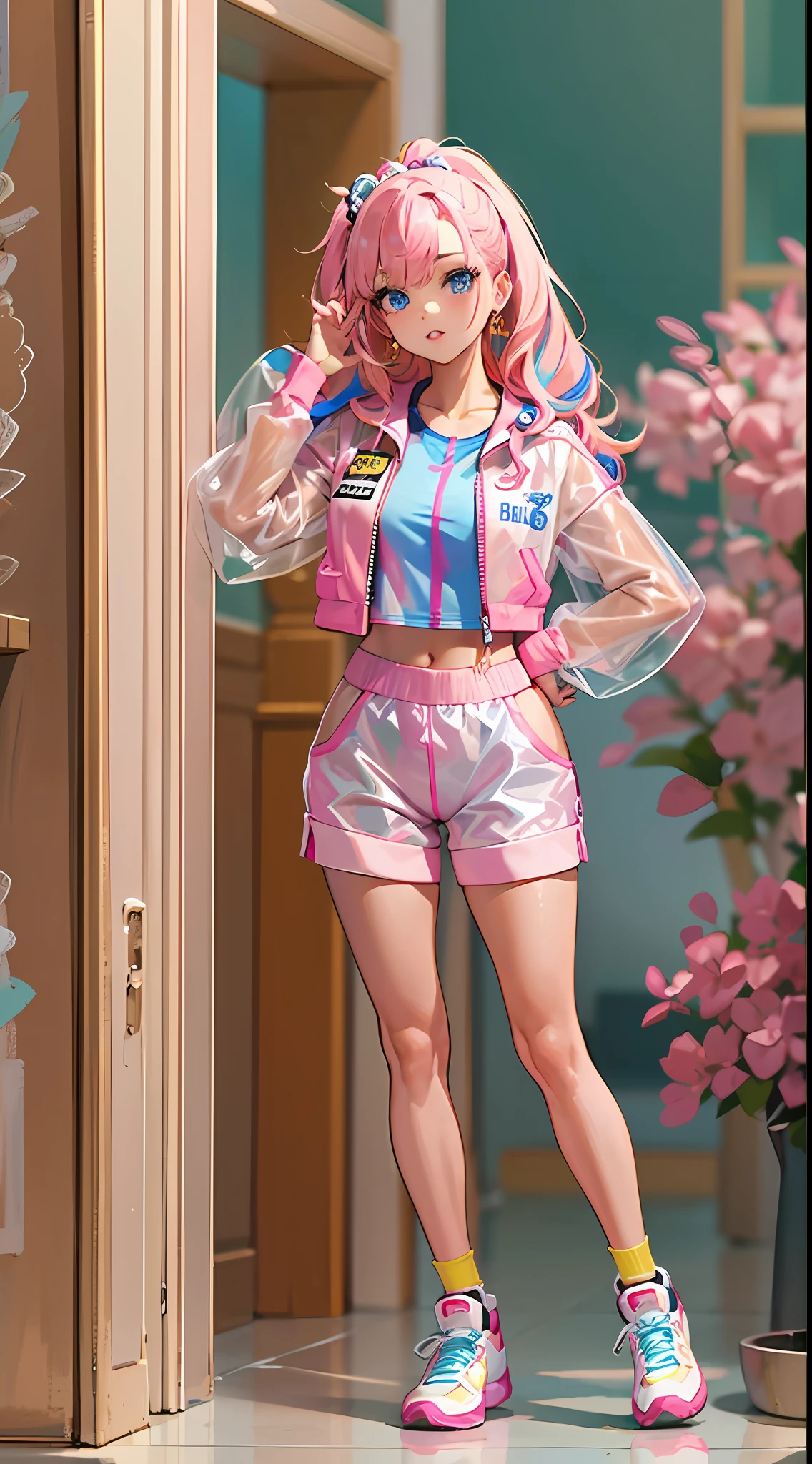 ((Masterpiece)), best quality, absurderes, ultra detailed, holographic, cowboy shot, dynamic pose, golden ratio, super cute girl, mature girl, Barbie girl, super beautiful girl with very beautiful blue eyes, beautiful glowing blonde multicolored hair, high ponytail, nice and sexy body, slim body, perfect body, wearing a super tight and pink leotard, a super aesthetic pink translucent mini jacket, beautiful pink hair ornament, pink jordan tennis, being photographed in a doll house