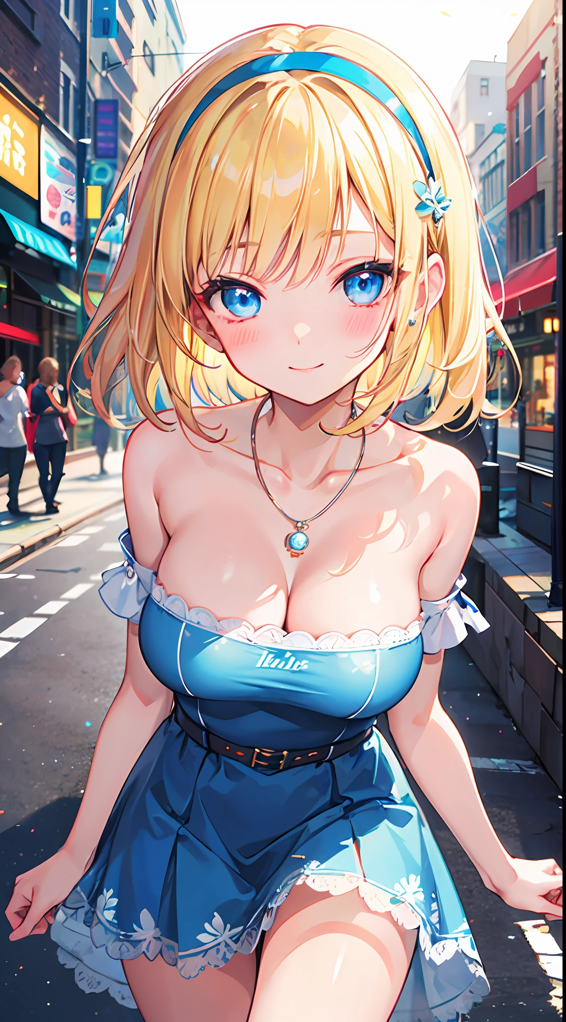 ((masterpiece, best quality;1.3)), ultra detailed, 8k unity wallpapers, CG, ray tracing, illustration, colorful, cinematic shadow, extremely detailed and beautiful background,vhd, shadering VRay,RT, 1girl, smile, teenage, petite, loli, blush, solo, blue eyes, (blush), (blonde hair), (medium hair), (large breasts), slim waist, white glowing skin, highly detailed beautiful face, beautiful face, beautiful eyes, (talented Lo-Fi:1.3), naked, sexy, lewd, (skindentation), detailed printed sundress, necklace, hairband, afternoon walk, city garden, close-up, glowing, glowing light, ultra detailed, scenic, atmospheric