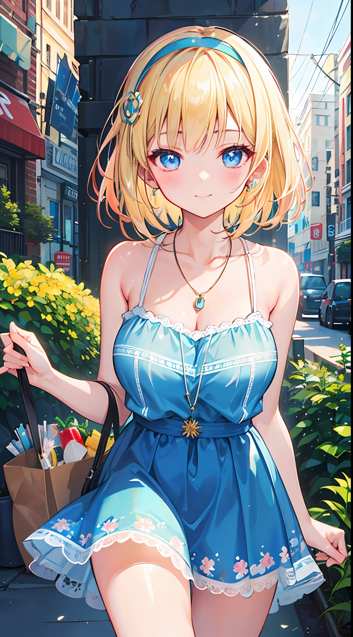 ((masterpiece, best quality;1.3)), ultra detailed, 8k unity wallpapers, CG, ray tracing, illustration, colorful, cinematic shadow, extremely detailed and beautiful background,vhd, shadering VRay,RT, 1girl, smile, age, petite, loliush, solo, blue eyes, (blush), (blonde hair), (medium hair), (large breasts), slim waist, white glowing skin, highly detailed beautiful face, beautiful face, beautiful eyes, (talented Lo-Fi:1.3), naked, sexy, lewd, (skindentation), detailed printed sundress, necklace, hairband, afternoon walk, city garden, close-up, glowing, glowing light, ultra detailed, scenic, atmospheric