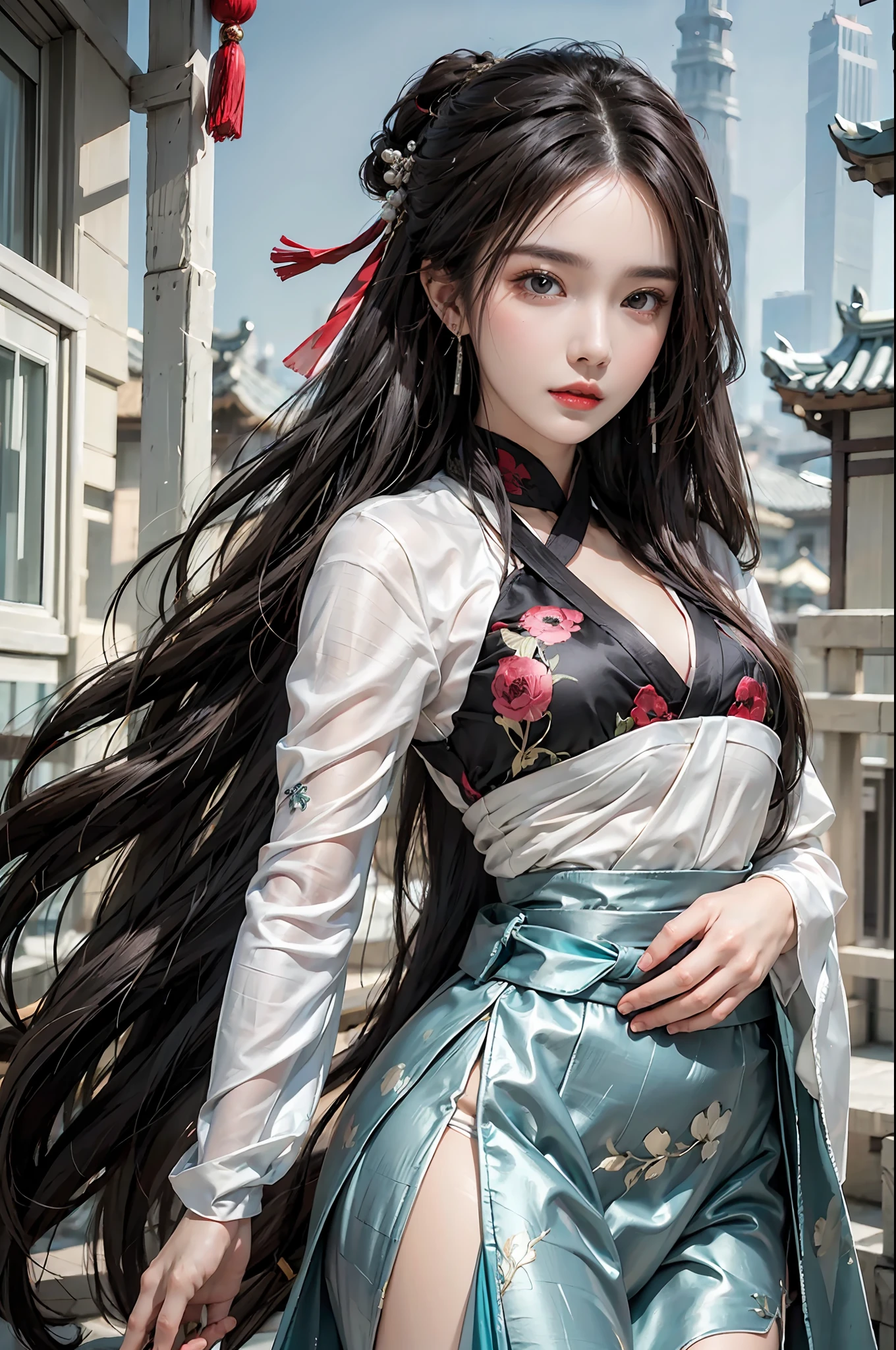 photorealistic, high resolution, 1 girl, hips up, beautiful eyes, light black hair,long hair, intricate brocade hanfu, gorgeous accessories, wearing pearl earrings, corlorful clothes, Chinese architecture