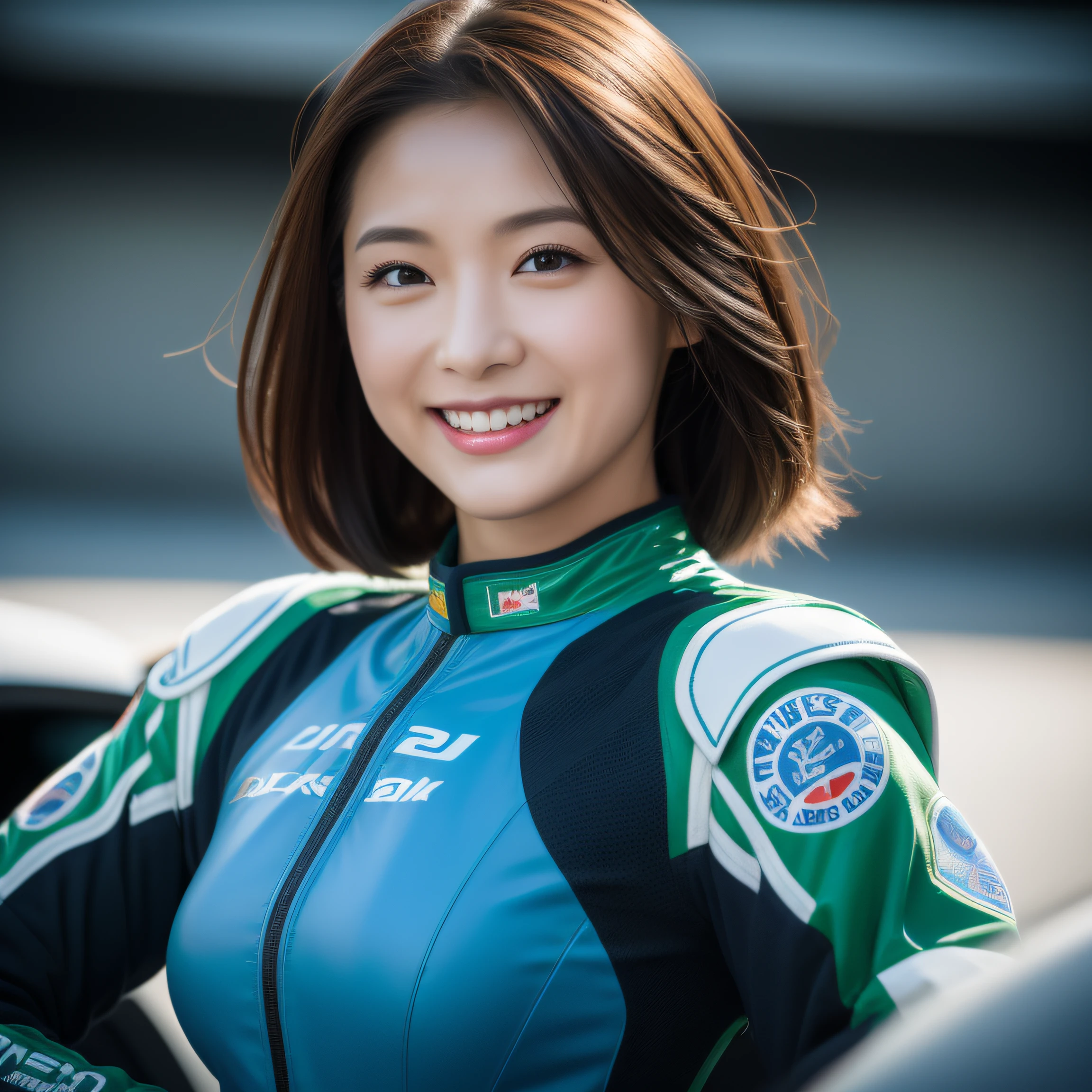 8K, masterpiece, best quality, photo realistic, ultra-detailed, 1 girl, Asian, athletic body, realistic skin texture, (breasts:1.0), (smile:1.0), gaze at viewer, (form fitting car racing suit), (no helmet), movie lighting, face focus, fine eyes, detailed face, well lit face, day light, blue and green racing cars in background