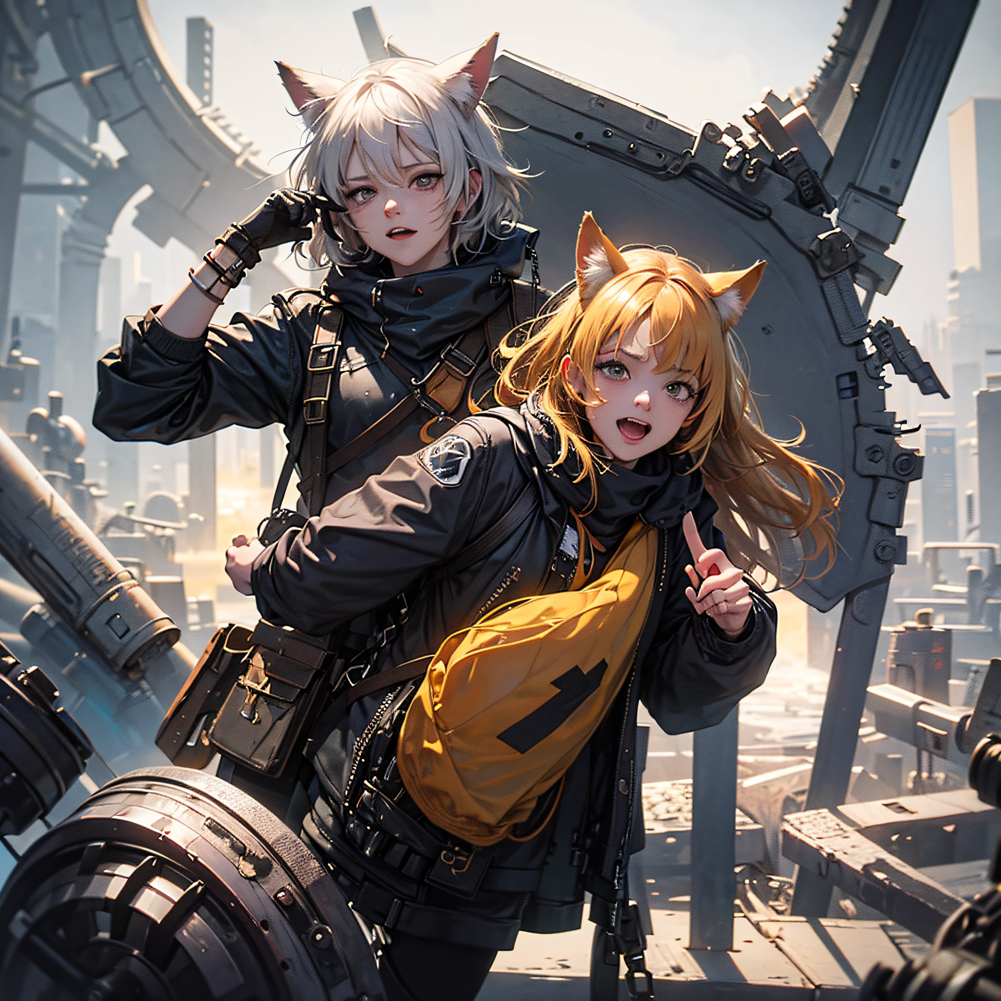 Cute Fox Girl Housewife，emoji pack，whitehair，cat ear，(9 emojis，emoji sheet，Align arrangement)，9 poses and expressions（Grieving，astonishment，having fun，excitement，big laughter，angry，doubt，Touch your head，Sell moe, wait），Anthropomorphic style，disney style，Black strokes，Different emotions，9 poses and expressions，10