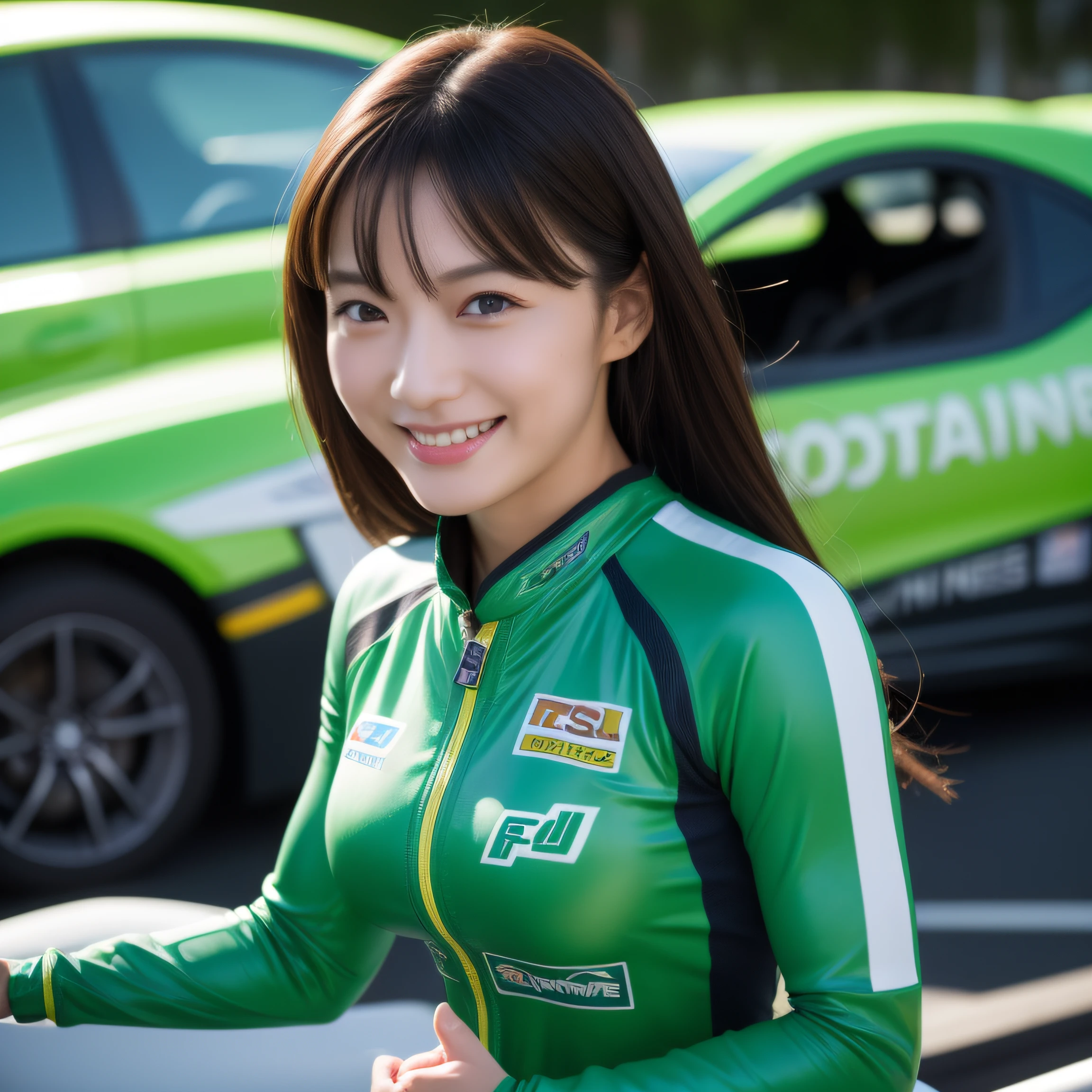 8K, masterpiece, best quality, photo realistic, ultra-detailed, 1 girl, Asian, athletic body, realistic skin texture, (breasts:1.0), (smile:1.0), gaze at viewer, (form fitting car racing suit), (no helmet), movie lighting, face focus, fine eyes, detailed face, well lit face, day light, yellow and green racing cars in background