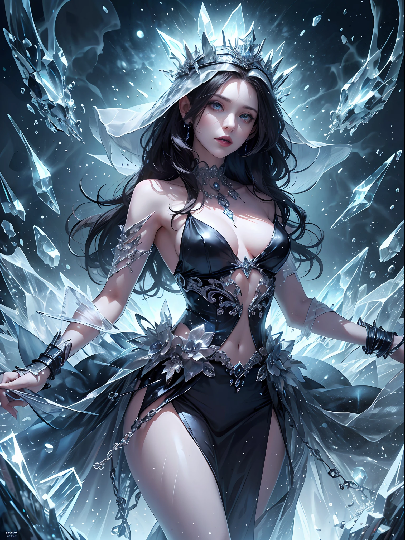illustration, woman, blue lipstick on lips, cinematic lighti, highest quality, ultra detailed realism, detailed face, detailed eyes, best quality, hyper detailed, Works Prima, Masterpiece, Top Quality, Best, Official Art, Beautiful and Aesthetic, Long Exposure: 1 leggy and thin woman, broad and delicate shoulders, medium breasts, Charming Patterns, Icy witch woman, White , eyes covered by a veil made of ice, Her body is covered with pieces of ice detailed in a beautiful black dress, witch, winter, ice throne, witchcraft, Tone of Magic in Blue, strong glow in neon blue, queen, majesty, in the background a blizzard covering the environment. Front portrait, full body.