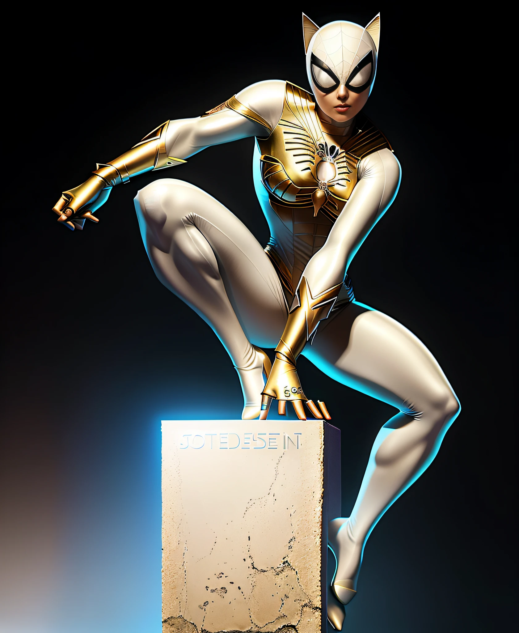 spider - woman in a white suit is standing on a block, detailed full body concept, character posing for concept art, full body concept, doja cat as cat woman, beautiful full body concept art, character is in her natural pose, posing for a fight intricate, detailed full body concept art, pose study, neutral pose, catwoman, legs stretched!!! intricate