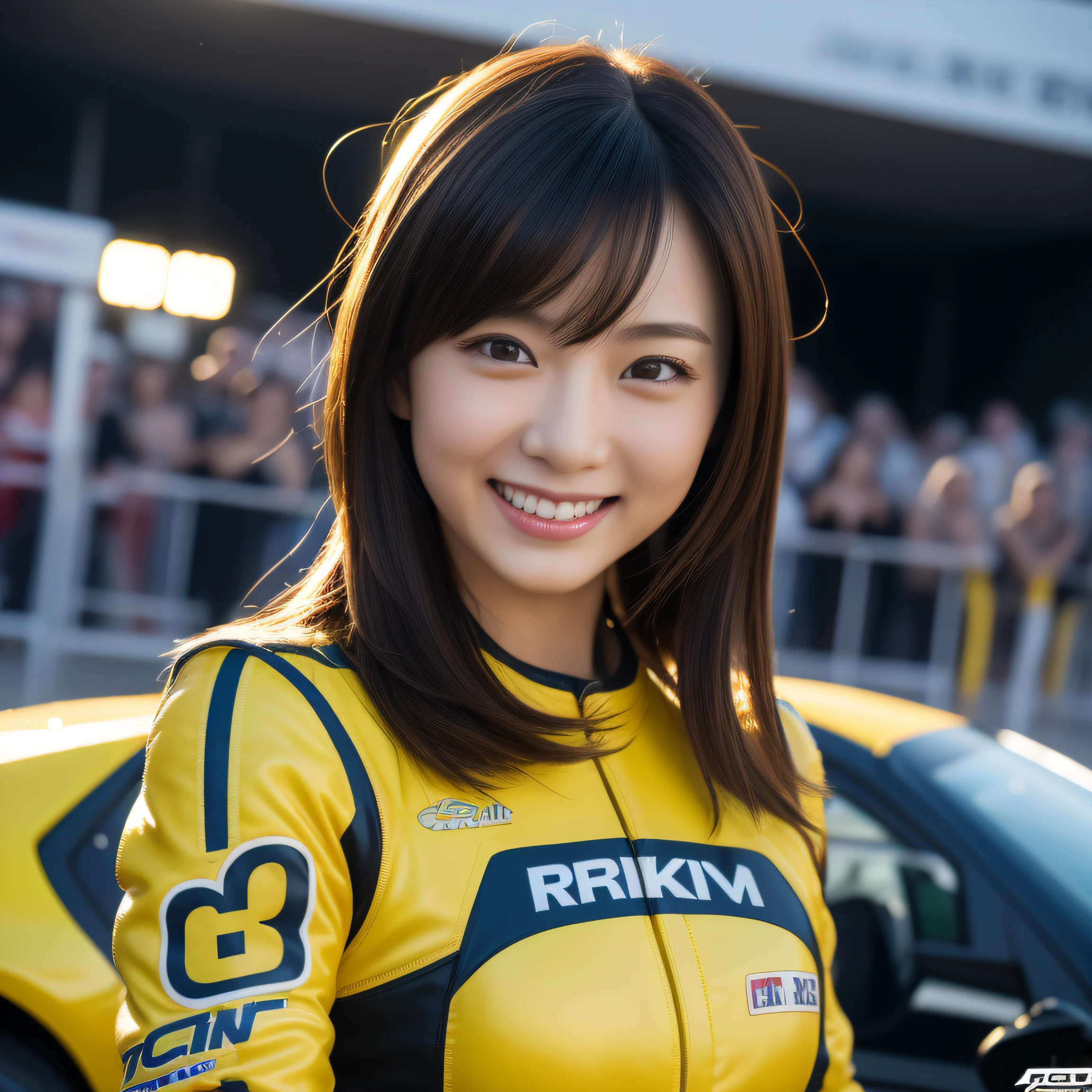 8K, masterpiece, best quality, photo realistic, ultra-detailed, 1 girl, Asian, athletic body, realistic skin texture, (breasts:1.0), (smile:1.0), gaze at viewer, (form fitting car racing suit), (no helmet), movie lighting, face focus, fine eyes, detailed face, well lit face, day light, yellow racing cars in background