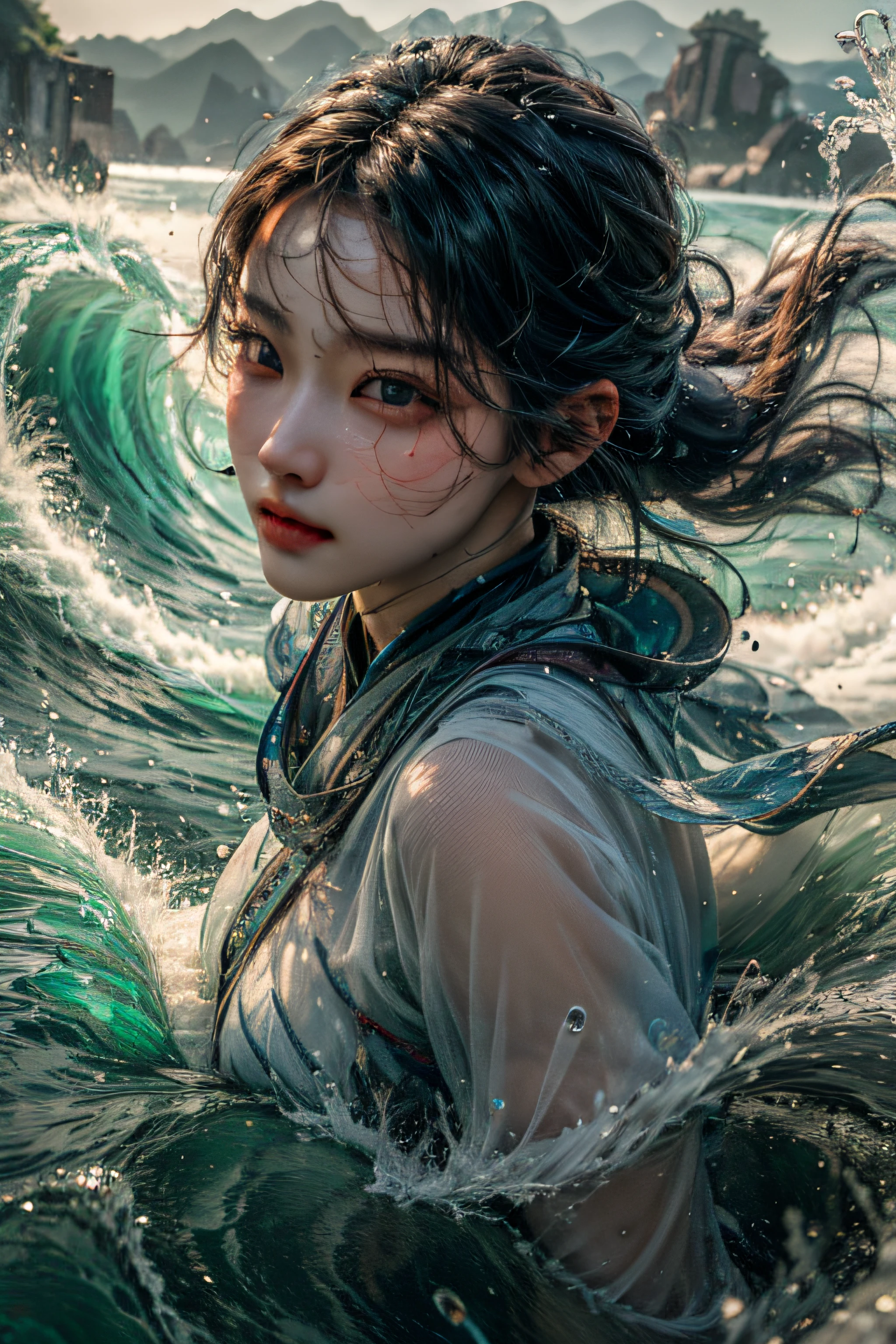 Best quality,masterpiece,ultra high res,1girl,beautiful_face,detailed skin, yushui,water,waves,.