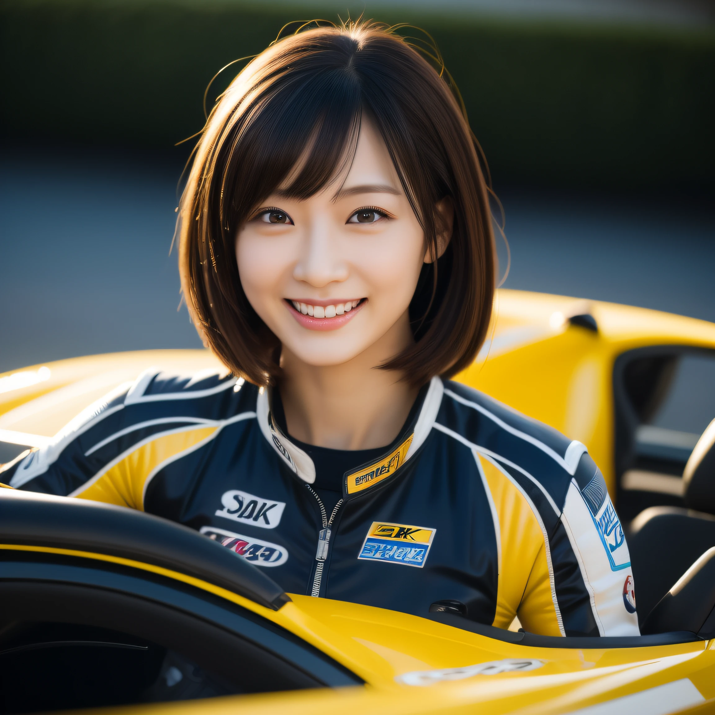 8K, masterpiece, best quality, photo realistic, ultra-detailed, 1 girl, Asian, athletic body, realistic skin texture, (breasts:1.0), (smile:1.0), gaze at viewer, (form fitting car racing suit), (no helmet), movie lighting, face focus, fine eyes, detailed face, well lit face, day light, yellow racing cars in background