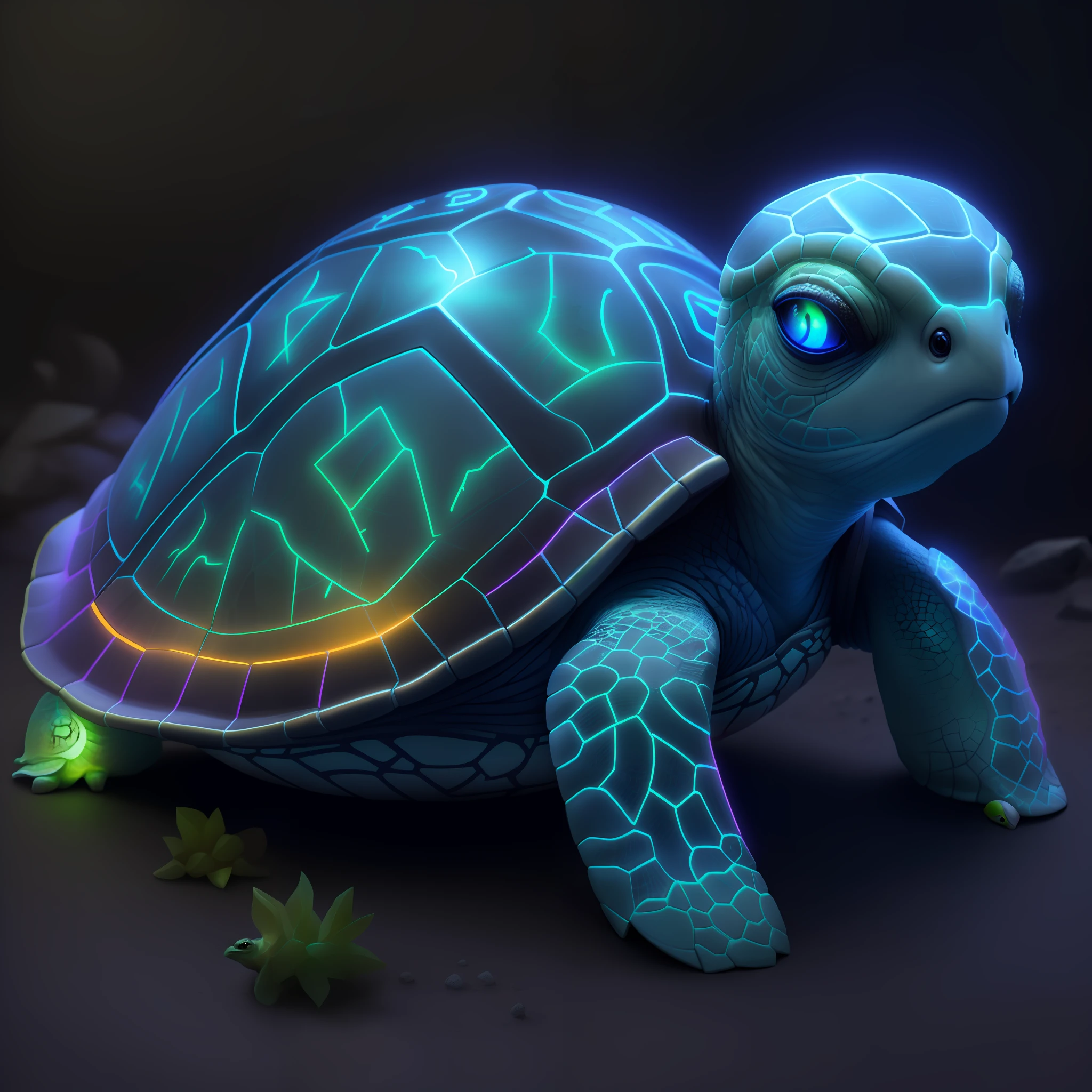 realistic neon hatchling psychic turtle with Norse runes on shell