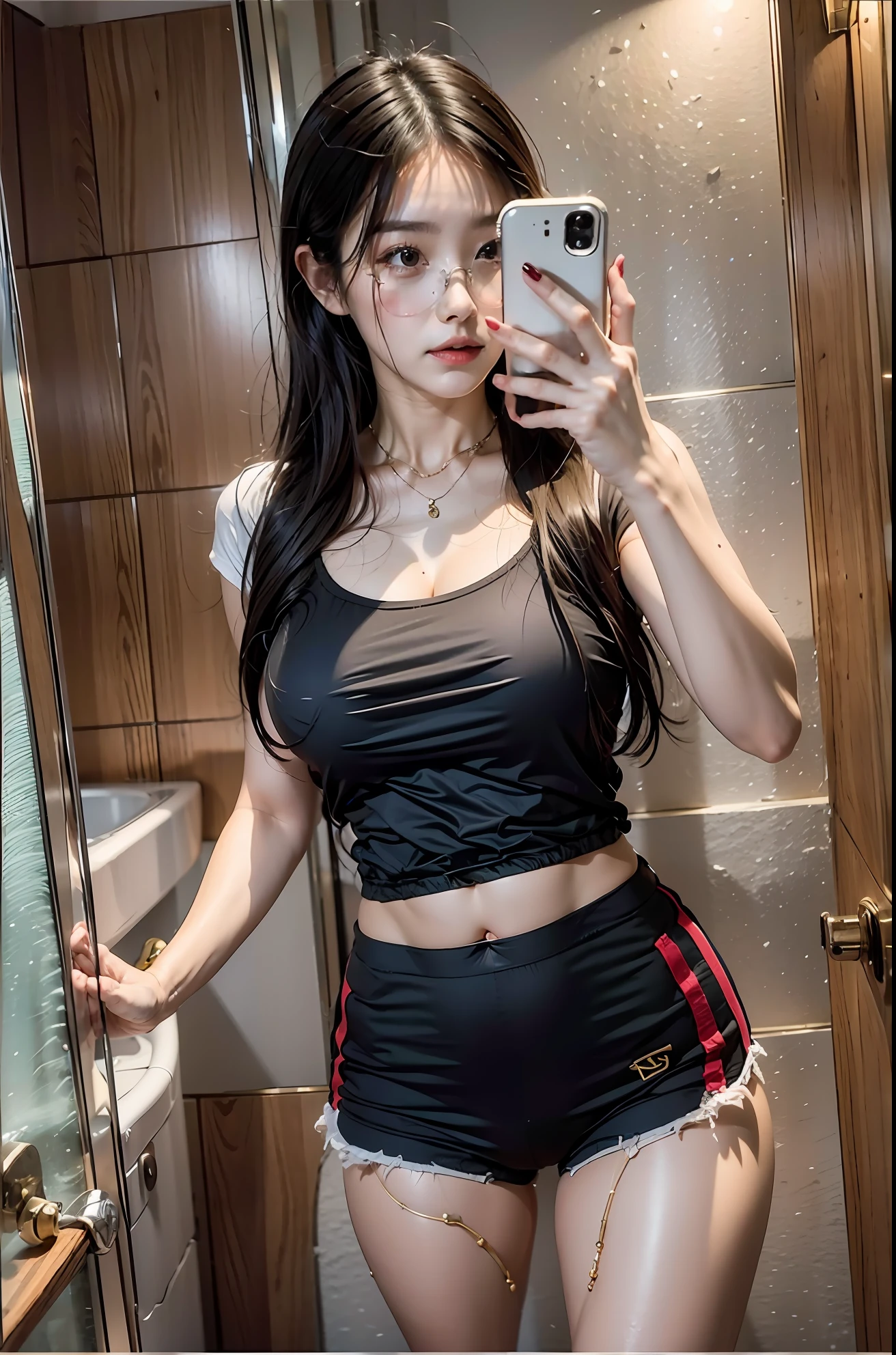 there is a woman taking a selfie in a bathroom mirror, wearing thick glasses 2 4 year old female model, 18 years old, korean girl, 2 , tight shirt, photo of slim girl, open v chest clothes, 19-year-old girl, skinny waist and thick hips, photo of slim girl model, 21 years old, wearing tight simple clothes