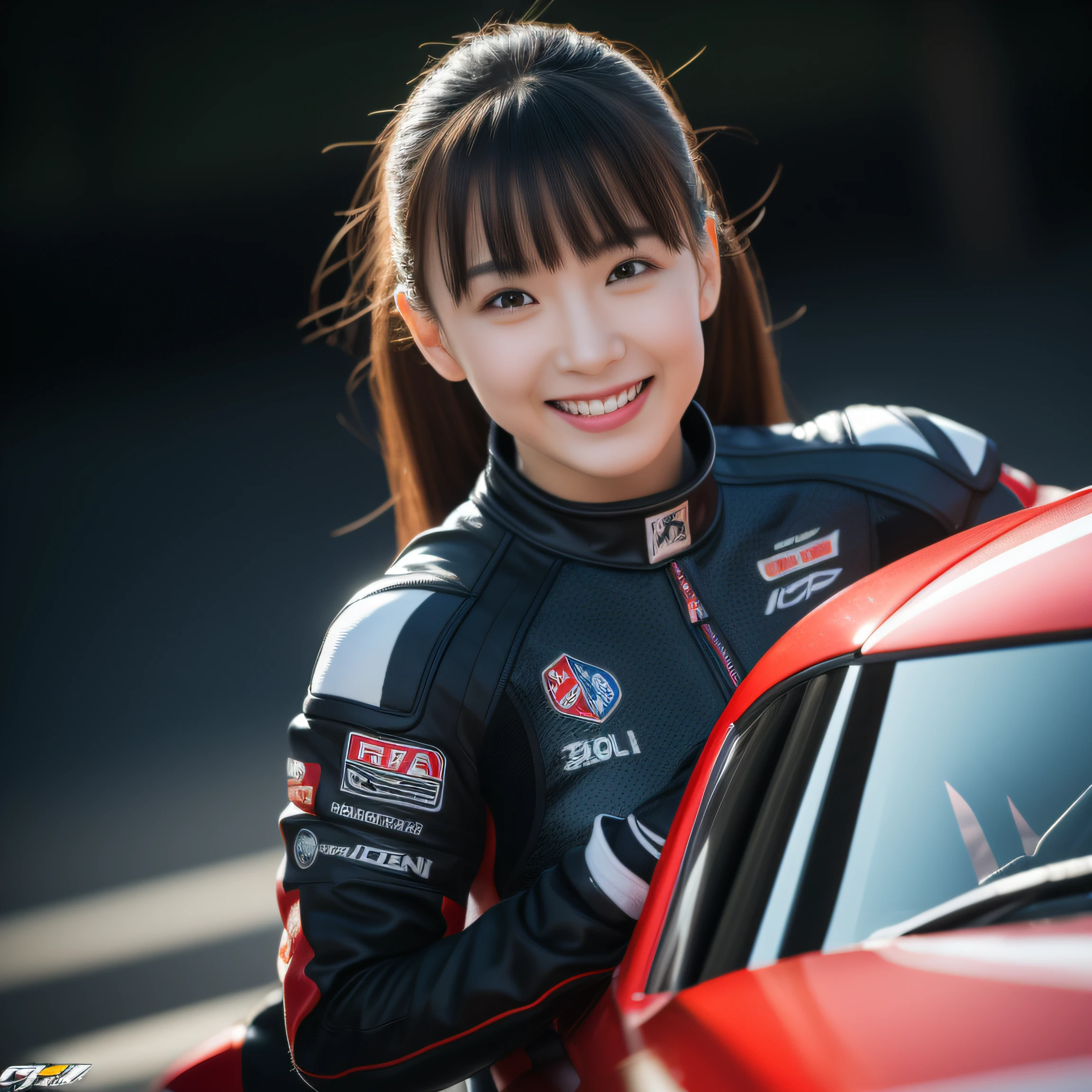 8K, masterpiece, best quality, photo realistic, ultra-detailed, 1 girl, Asian, athletic body, realistic skin texture, (breasts:1.0), (smile:1.0), gaze at viewer, (form fitting car racing suit), (no helmet), movie lighting, face focus, fine eyes, detailed face, well lit face, day light, red and black racing cars in background