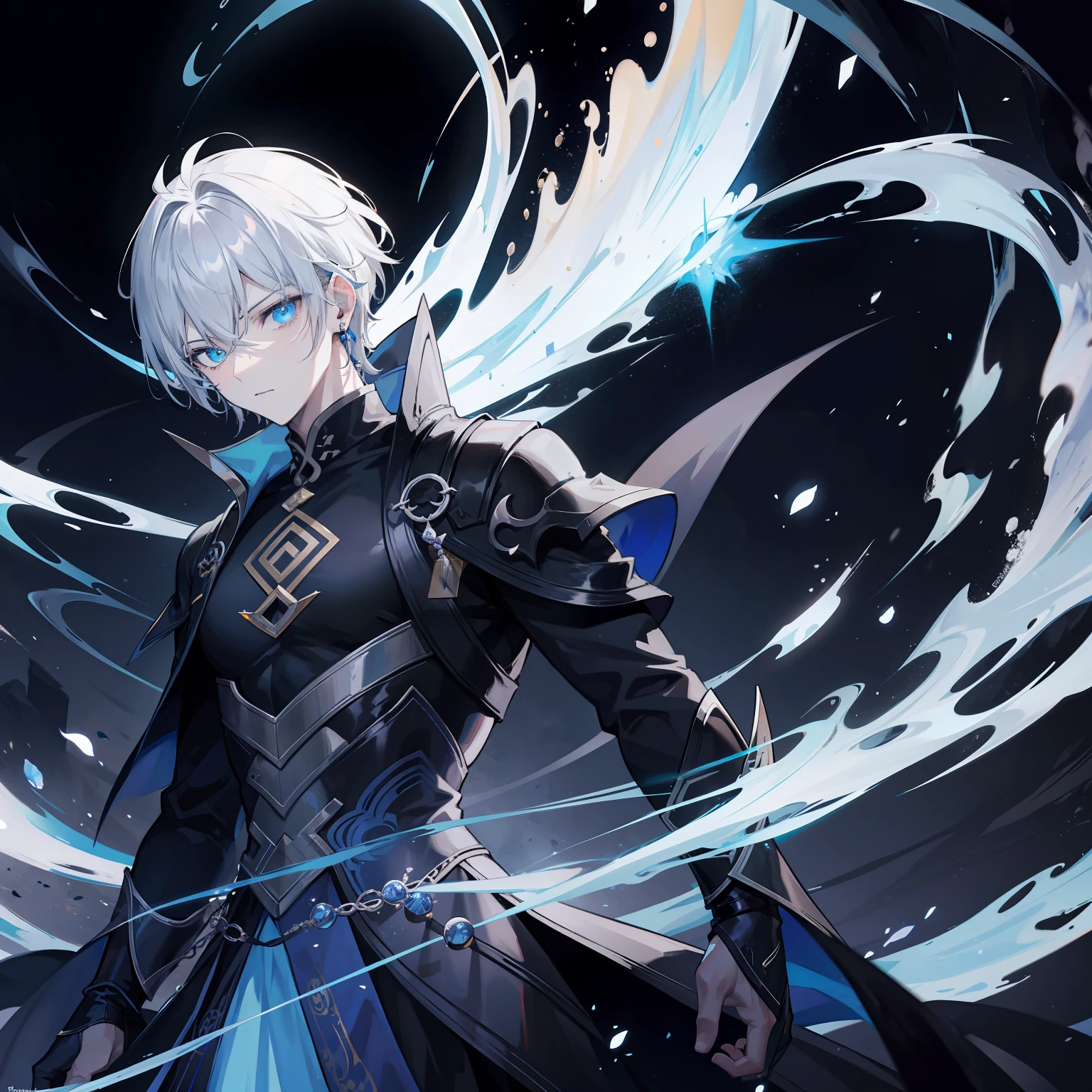{[{{"Magnificent dark atmosphere, 4k artwork of man with gray hair and glowing blue eyes, short-haired,Feng shui master,The five elements of yin and yang,Yellow dragon."}]}}