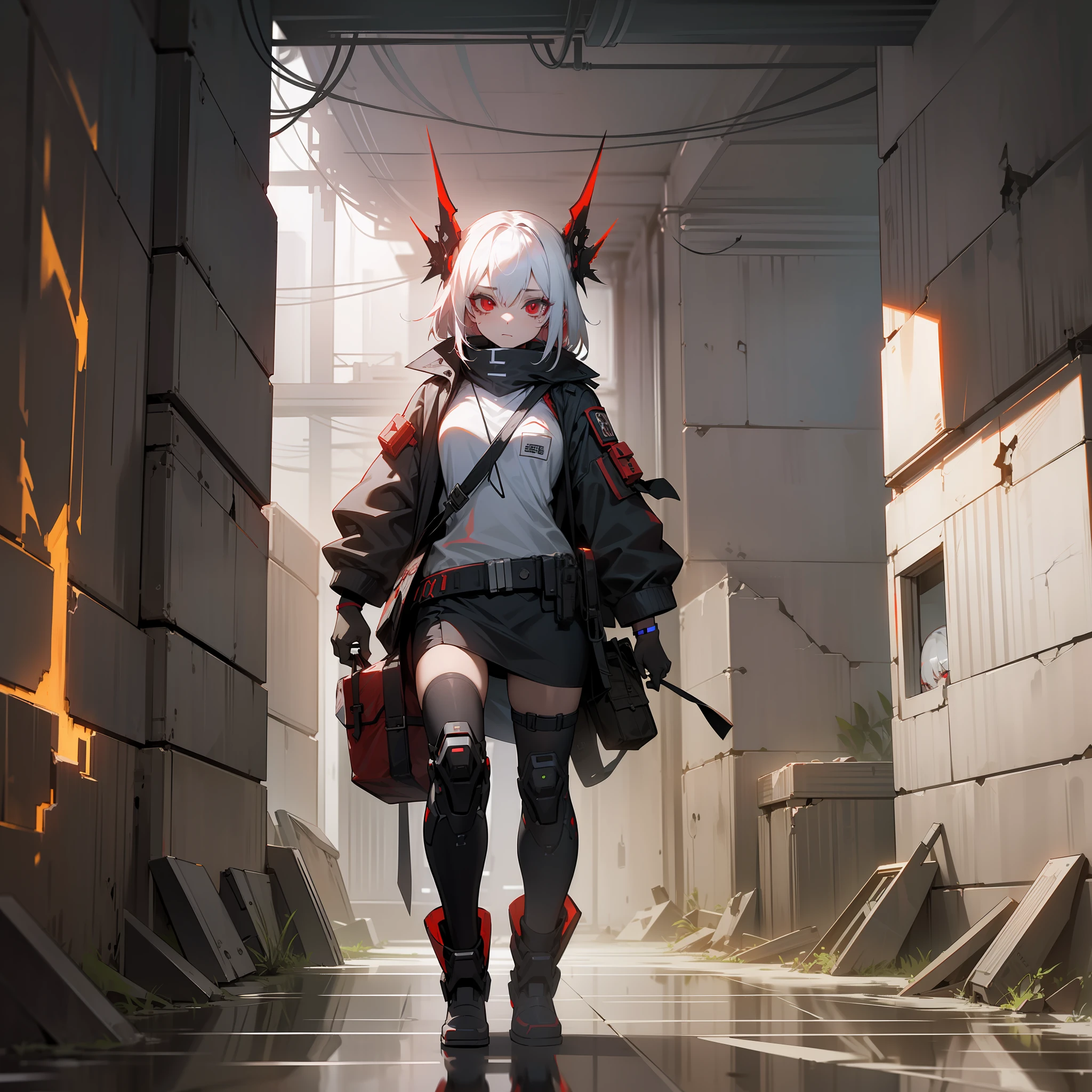 (Abandoned cyberpunk-style dungeons in the fog,Burning reflection,High-quality scene descriptions,A girl with red eyes and white hair,Carrying a bag)