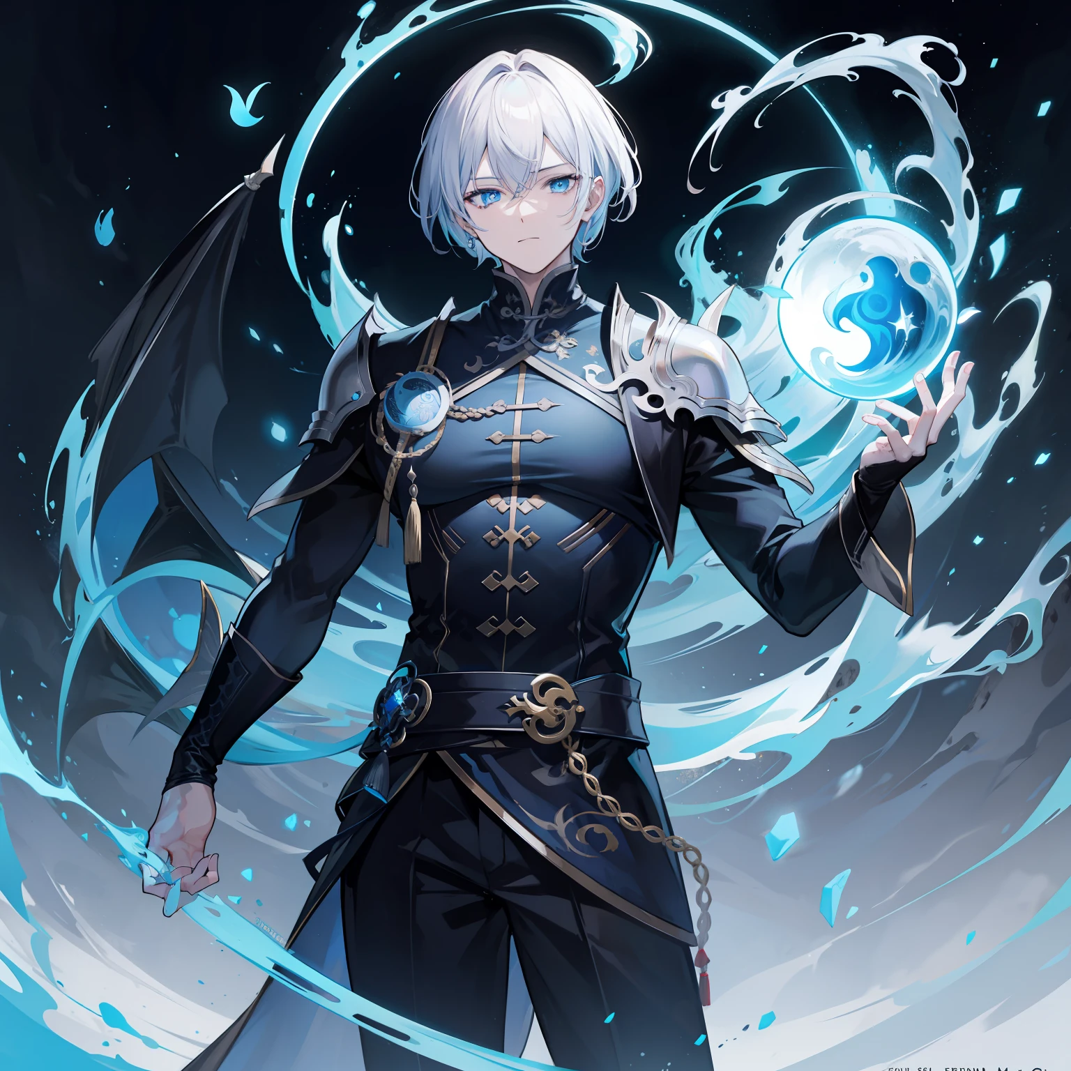 {[{{"Magnificent dark atmosphere, 4k artwork of man with gray hair and glowing blue eyes, short-haired,Feng shui master,The five elements of yin and yang,Yellow dragon."}]}}