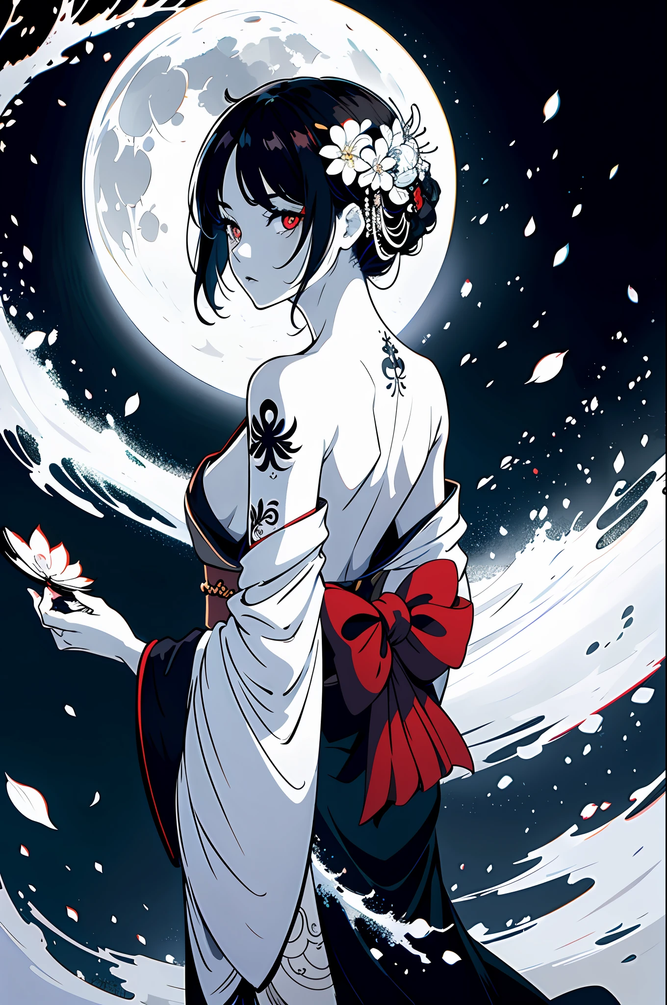 (masterpiece:1,2), best quality, masterpiece, highres, original, extremely detailed wallpaper, perfect lighting,geisha, kimono,Bare shoulder,back,Turn back,tattoo,(((Black and white))),Extreme detail,solo,Cold eyes,look up,Glowing eyes,byobu,moon,Black hair,petal,