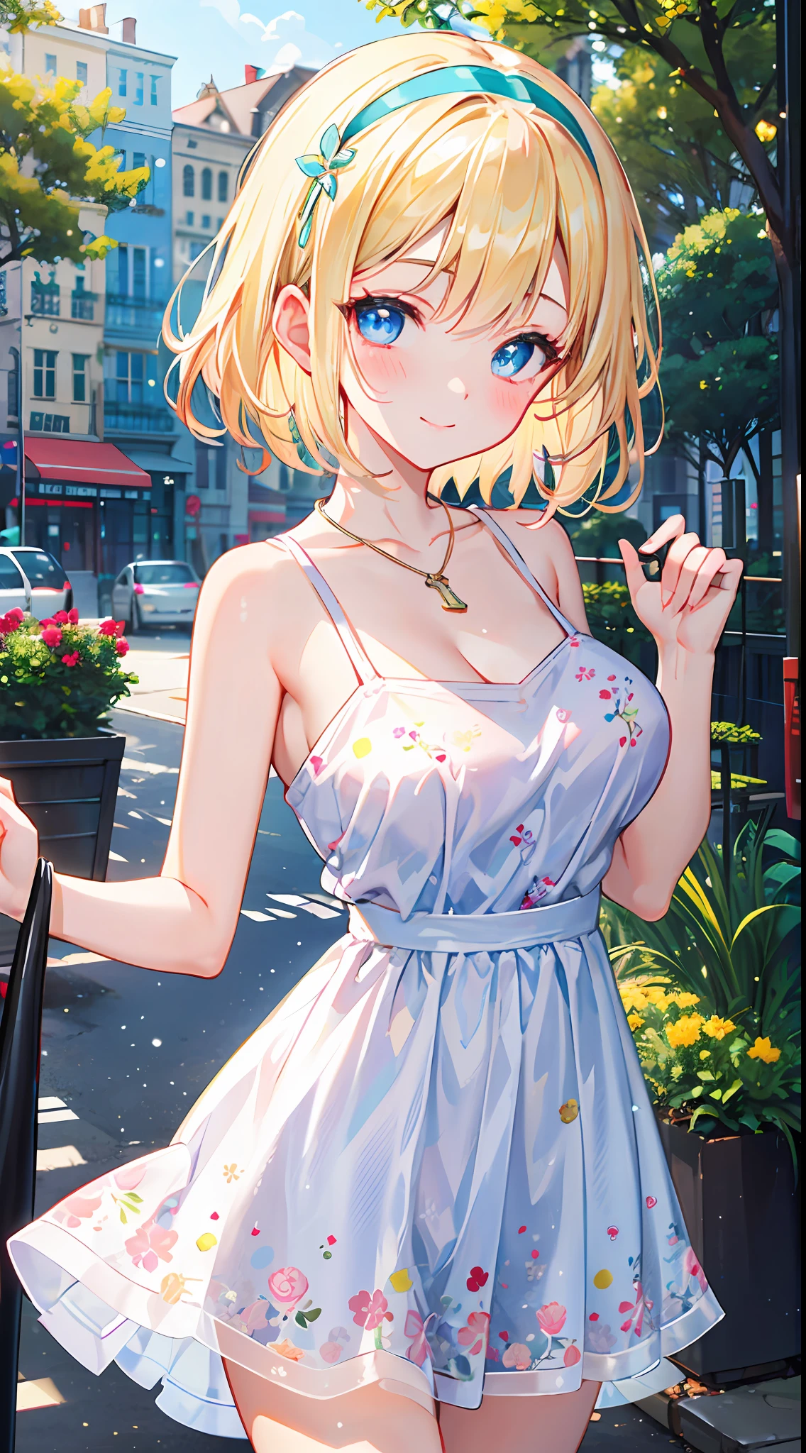 ((masterpiece, best quality;1.3)), ultra detailed, 8k unity wallpapers, CG, ray tracing, illustration, colorful, cinematic shadow, extremely detailed and beautiful background,vhd, shadering VRay,RT, 1girl, smile, teenage, ite, lol blush, solo, blue eyes, (blush), (blonde hair), (medium hair), (large breasts), slim waist, white glowing skin, highly detailed beautiful face, beautiful face, beautiful eyes, (talented Lo-Fi:1.3), naked, sexy, lewd, (skindentation), detailed printed sundress, necklace, hairband, afternoon walk, city garden, close-up, glowing, glowing light, ultra detailed, scenic, atmospheric