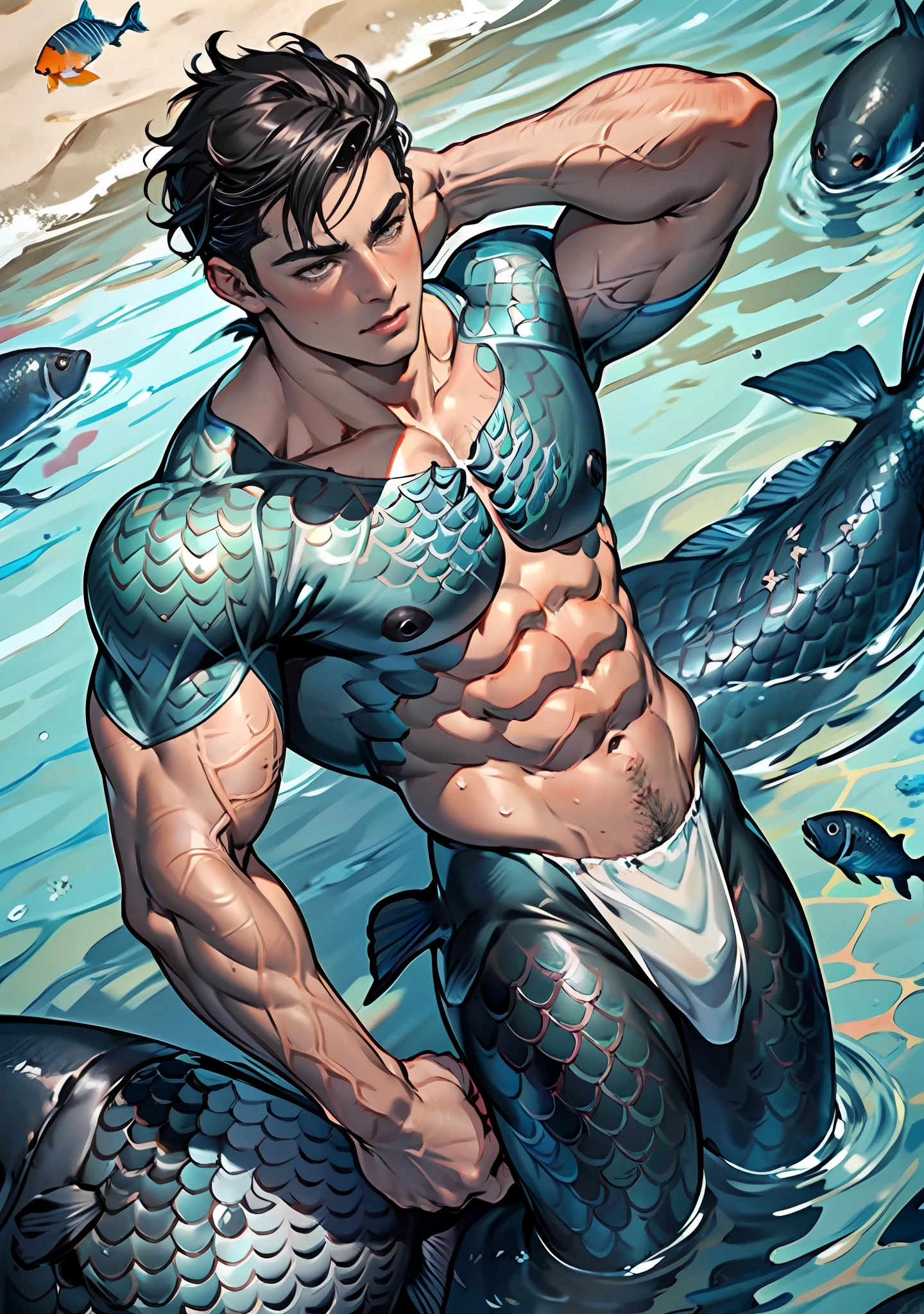 handsome man, on an obsidian beach with water covering lower body. Top view , expression of ecstasy, fish scale skin, mermaid skin, (black fish scale skin:1.5), mermaid man with fish scales skin