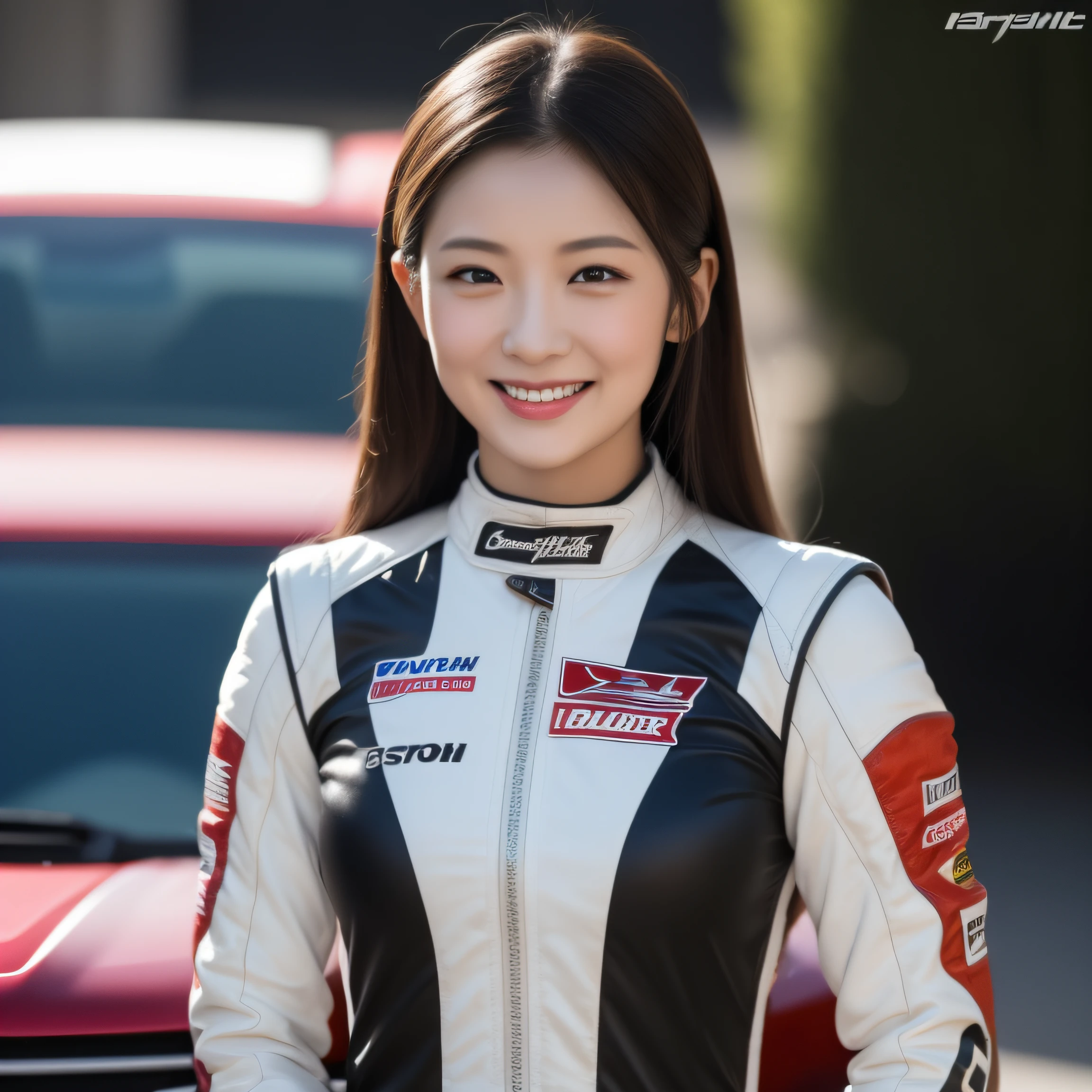 8K, masterpiece, best quality, photo realistic, ultra-detailed, 1 girl, Asian, athletic body, realistic skin texture, (breasts:1.0), (smile:1.0), gaze at viewer, (form fitting car racing suit), (no helmet), movie lighting, face focus, fine eyes, detailed face, well lit face, day light, red and white racing cars in background