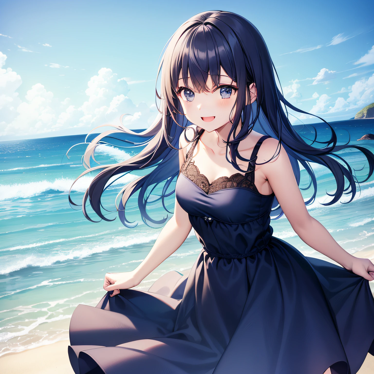 top-quality、extremely delicate and beautiful、The background is the sea、(Wearing a dark blue dress)、teens girl、(Blue-haired)、(Expression of madness)、a smile