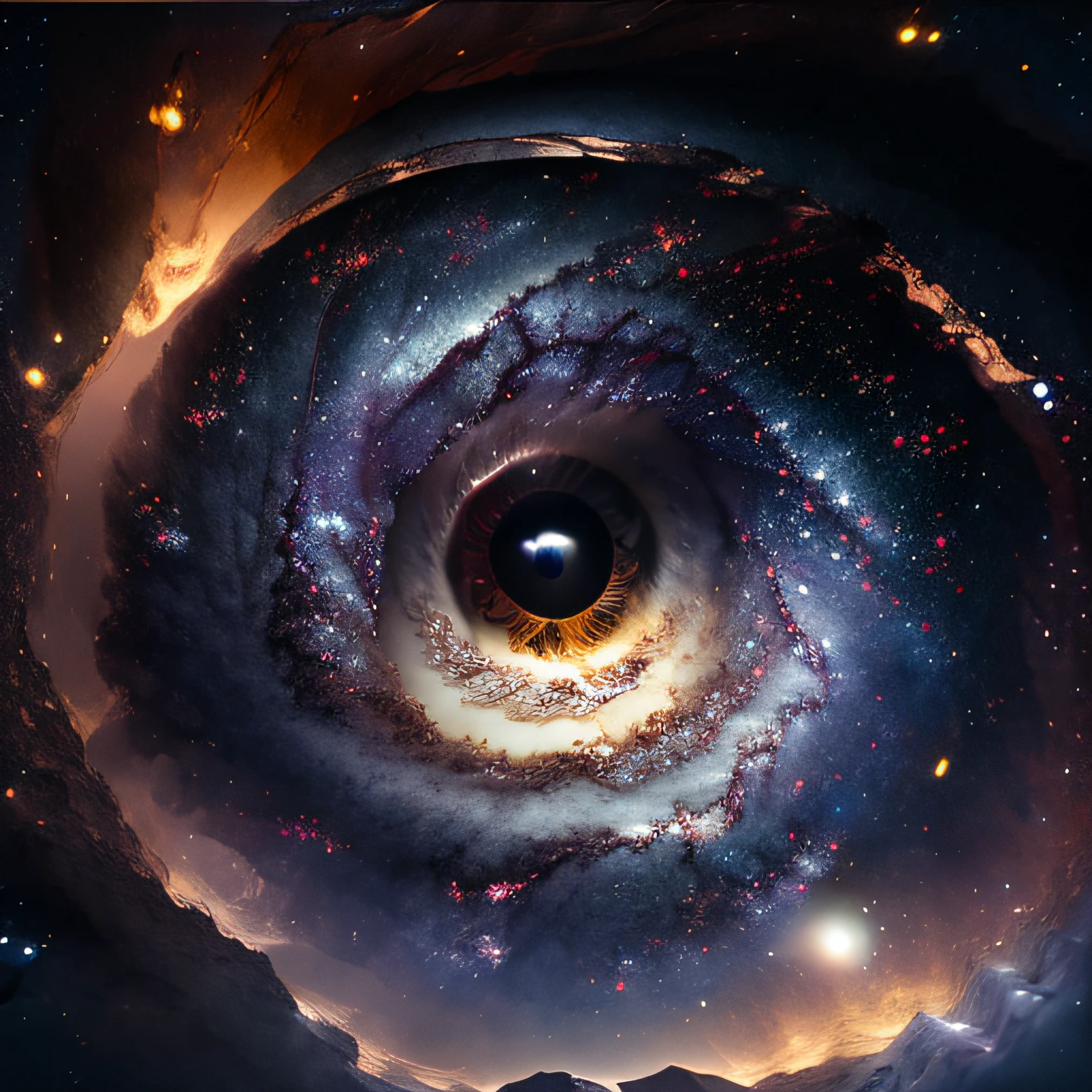 masterpiece, sharp, ultra detailed, 8k,an eyes made by milky way, the midle of the eye is a black hole,( human eye shape),  ((soft dimmed light)), angle view, best quality,  dimmed, (high detailed background:1.2),8k uhd, dslr, soft lighting, high quality, film grain, Fujifilm XT3, intricate detail,