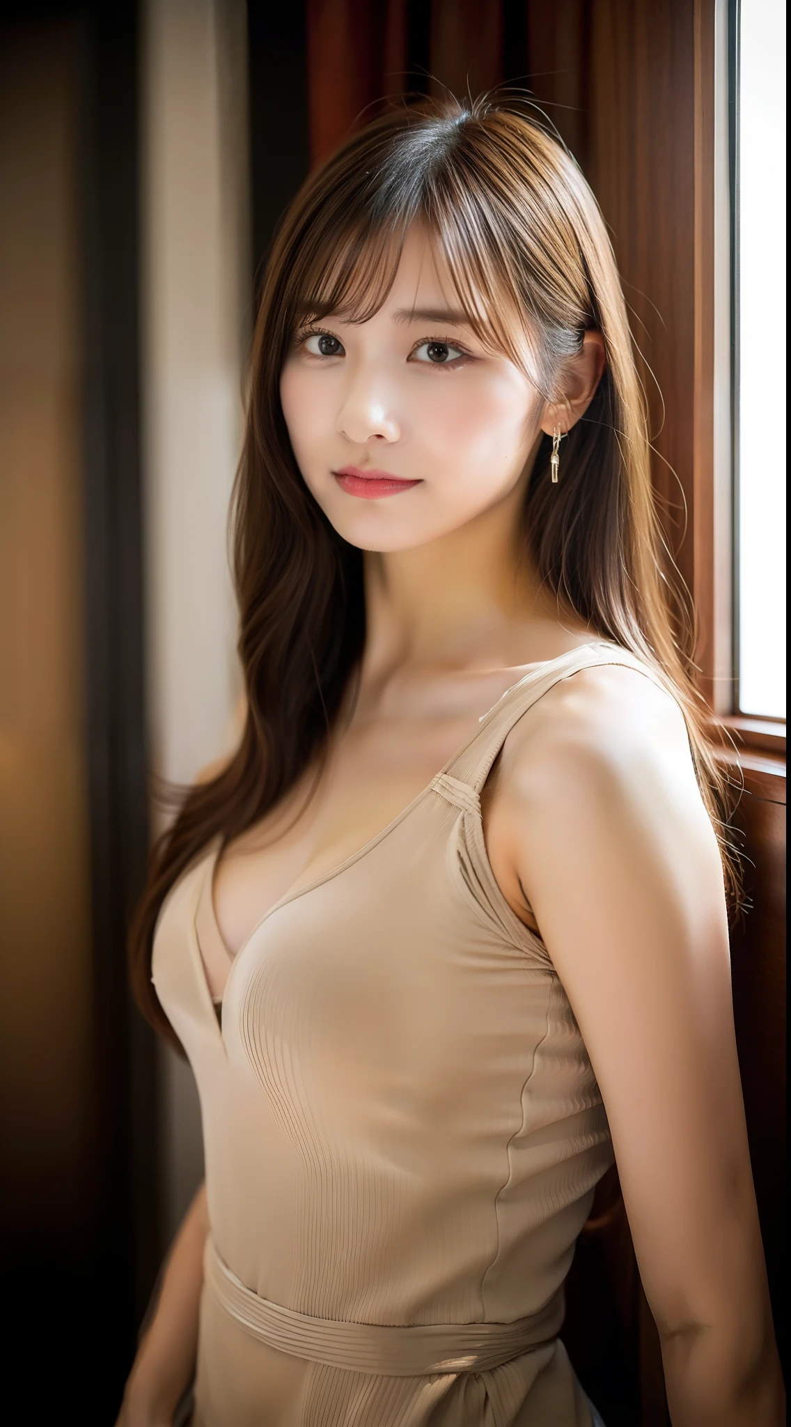 japanes、Clear department、ren、fully body photo、Gravure photography、Race Queen、Campaign Girl、Photo of Model Pose、Adult photos with a sense of luxury、natta、darkened room、By the window of the hotel、indirect lighting、Professional Photographer、Professional Lighting、Erotic、facing front、Curly semi-long hair、bangss、Pale brown hair、a small face、Clear and firm skin、Big eyes、二重まぶた、Lashes(+1.65、)、eye liner、drooing eyes、Slender and glamorous body、Colossal tits、Colossal tits、Supple waistline、Bust、bra very(camel's toe)、Undersized hips、Shiny red outfit、Adult underwear(see through material)、pantiy(Mesh Material)、highleg、garterbelts、high-heels(pin heels)、