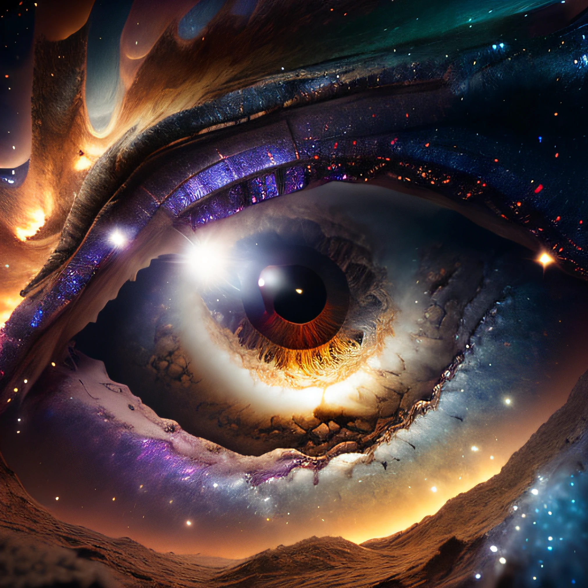 masterpiece, sharp, ultra detailed, 8k,an eyes made by milky way, the midle of the eye is a black hole,( human eye shape), ((soft dimmed light)), angle view, best quality, dimmed, (high detailed background:1.2),8k uhd, dslr, soft lighting, high quality, film grain, Fujifilm XT3, intricate detail,