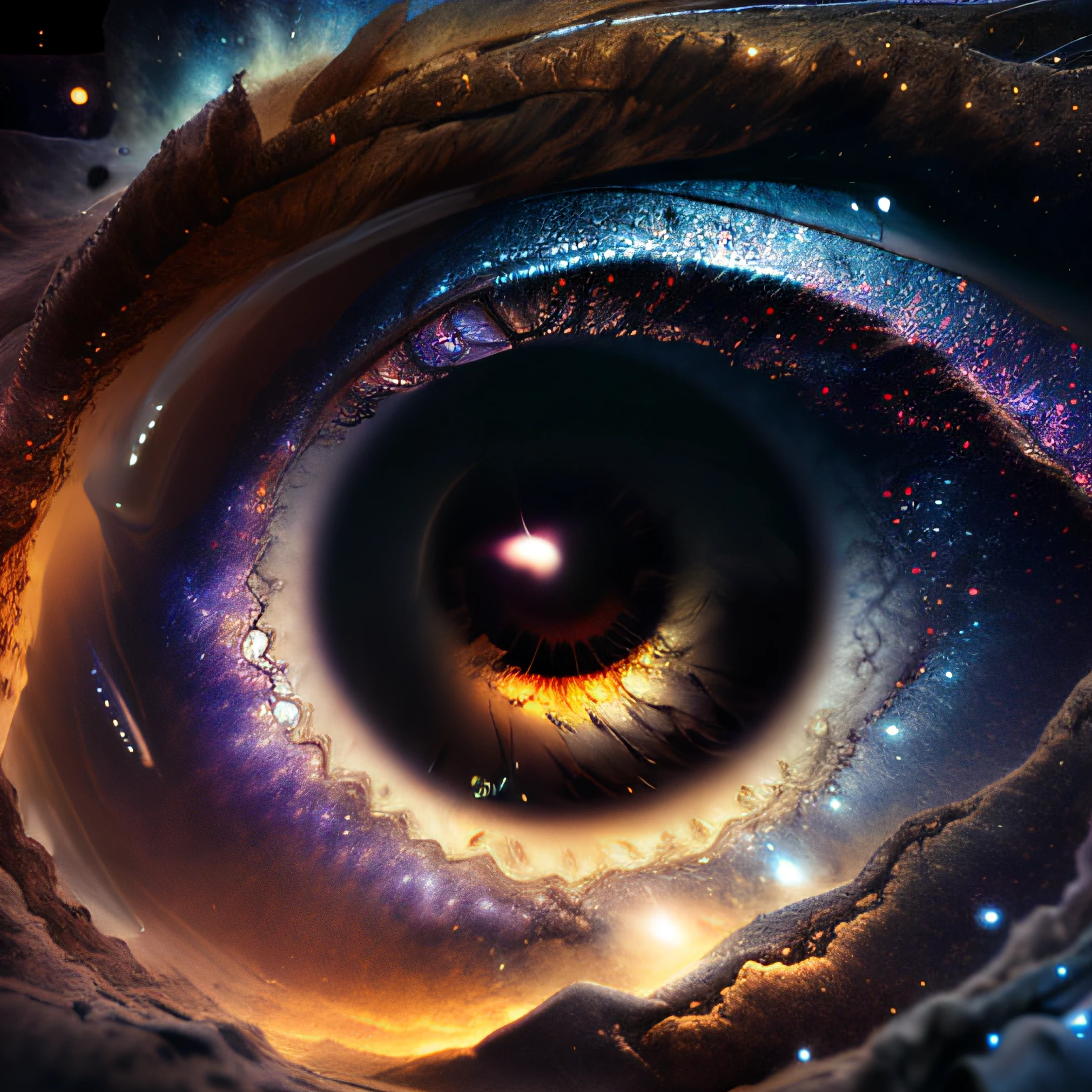 masterpiece, sharp, ultra detailed, 8k,an eyes made by milky way, the midle of the eye is a black hole,( human eye shape), ((soft dimmed light)), angle view, best quality, dimmed, (high detailed background:1.2),8k uhd, dslr, soft lighting, high quality, film grain, Fujifilm XT3, intricate detail,