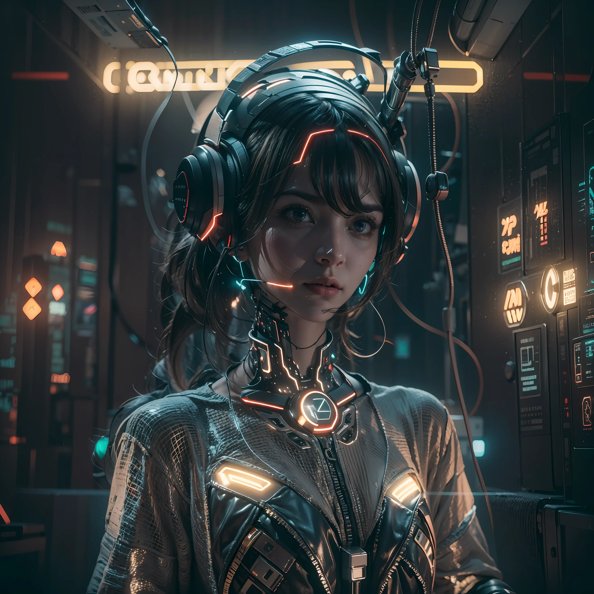 1girll，Perfect facial features，delicated face，(((Clean face)))，(cyber punk perssonage:1.3)，Bring headphones，Illuminated helmet and headphones，glowing jewelry，Glowing earrings，Glowing necklace，inside in room，Electronic wire background，best qualtiy，tmasterpiece，Movie filter presets，movie level lighting，c4d渲染，rendering by octane，with light glowing，High chiaroscuro，