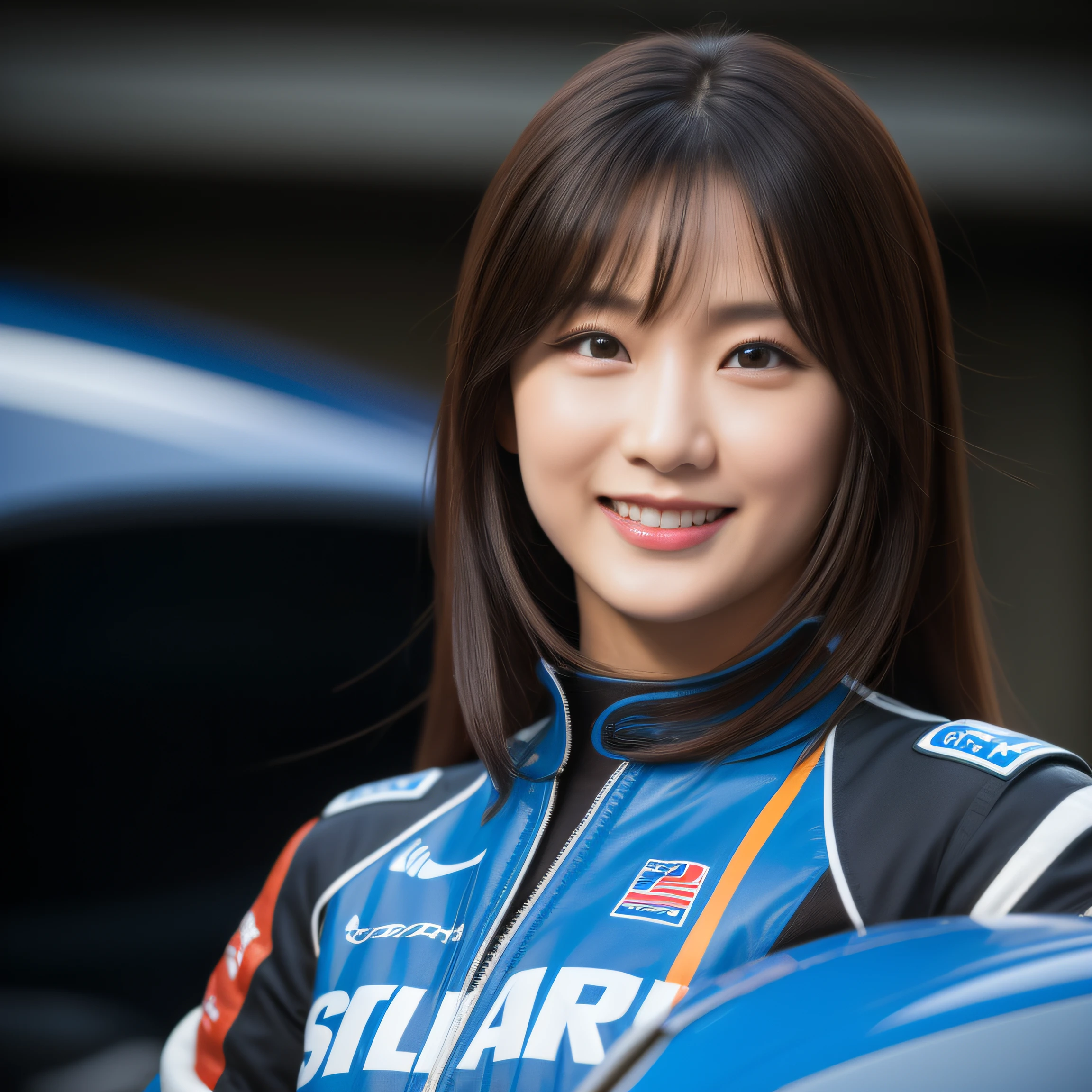 8K, masterpiece, best quality, photo realistic, ultra-detailed, 1 girl, Asian, athletic body, realistic skin texture, (breasts:1.0), (smile:1.0), gaze at viewer, (form fitting car racing suit), (no helmet), movie lighting, face focus, fine eyes, detailed face, well lit face, day light, red and blue racing cars in background