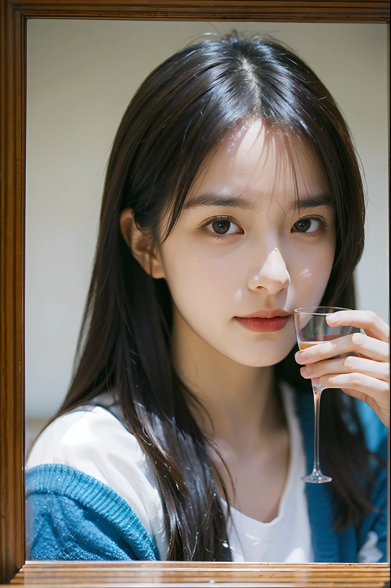 Best quality, masterpiece, ultra high res, (photorealistic:1.4), (close Portrait) raw photo, 1girl, school girl, holding a glass cup, master piece, realistic photo, japan photo, Fuji negative film, low saturation, low contrast, Pocari Sweat Advertising ((small Brest))