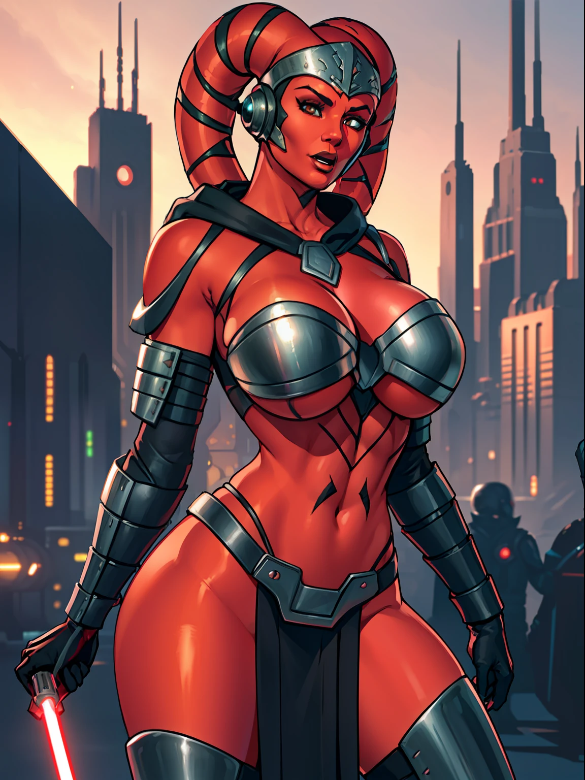 armor, busty, ((red skin), twi'lek), dual red lightsabers, evil space knight, space ninja, (wearing black robes, black stealth armor, breastplate, tunic, tabard, cowl, cloak, body glove, straps, buckles, skirts, long sleeves, fantasy, ((armor))), ((busty), slender body, thin, slim sexy body, slim waist, ((gigantic breasts))), Imperial starship, Star Wars,